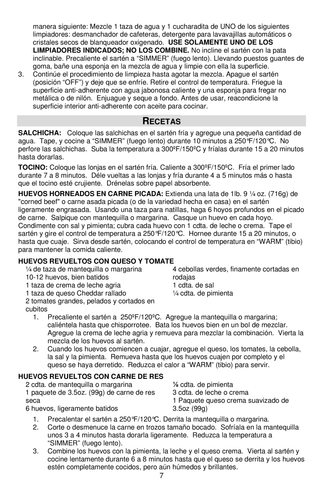 West Bend L5791B, 72212 instruction manual Recetas, Huevos Revueltos CON Queso Y Tomate, Huevos Revueltos CON Carne DE RES 