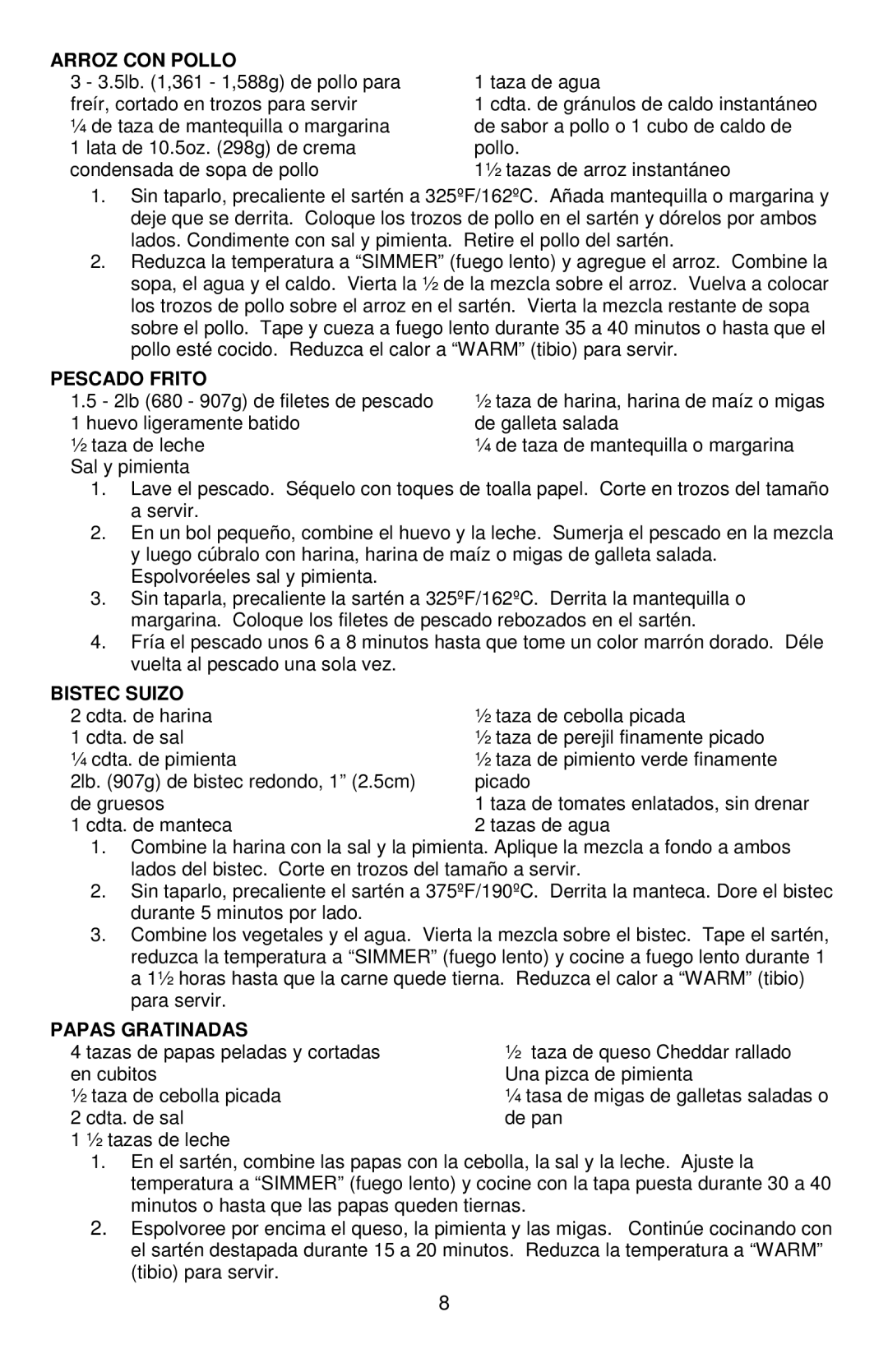 West Bend 72212, L5791B instruction manual Arroz CON Pollo, Pescado Frito, Bistec Suizo, Papas Gratinadas 