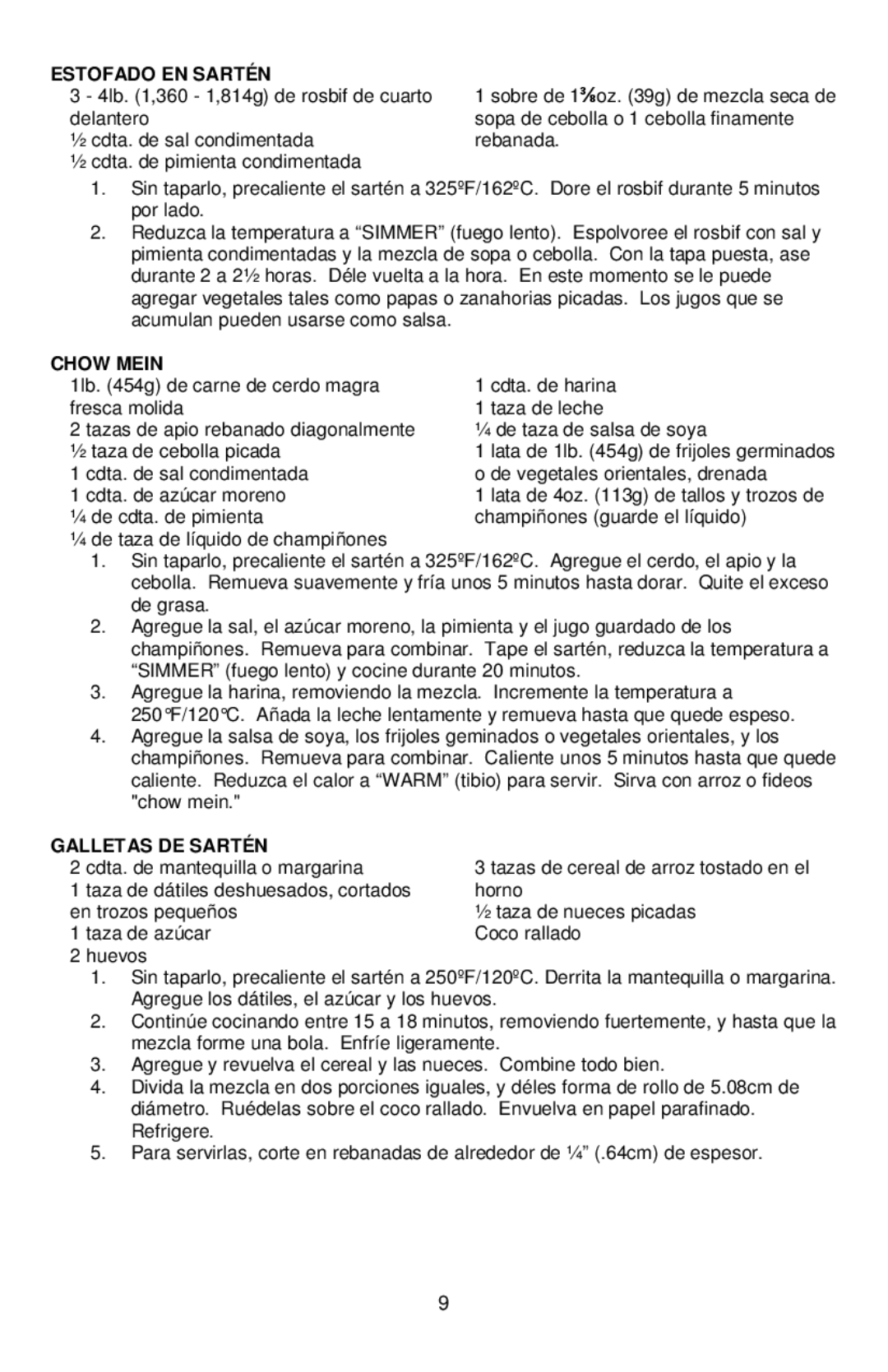 West Bend L5791B, 72212 instruction manual Estofado EN Sartén, Chow Mein, Galletas DE Sartén 