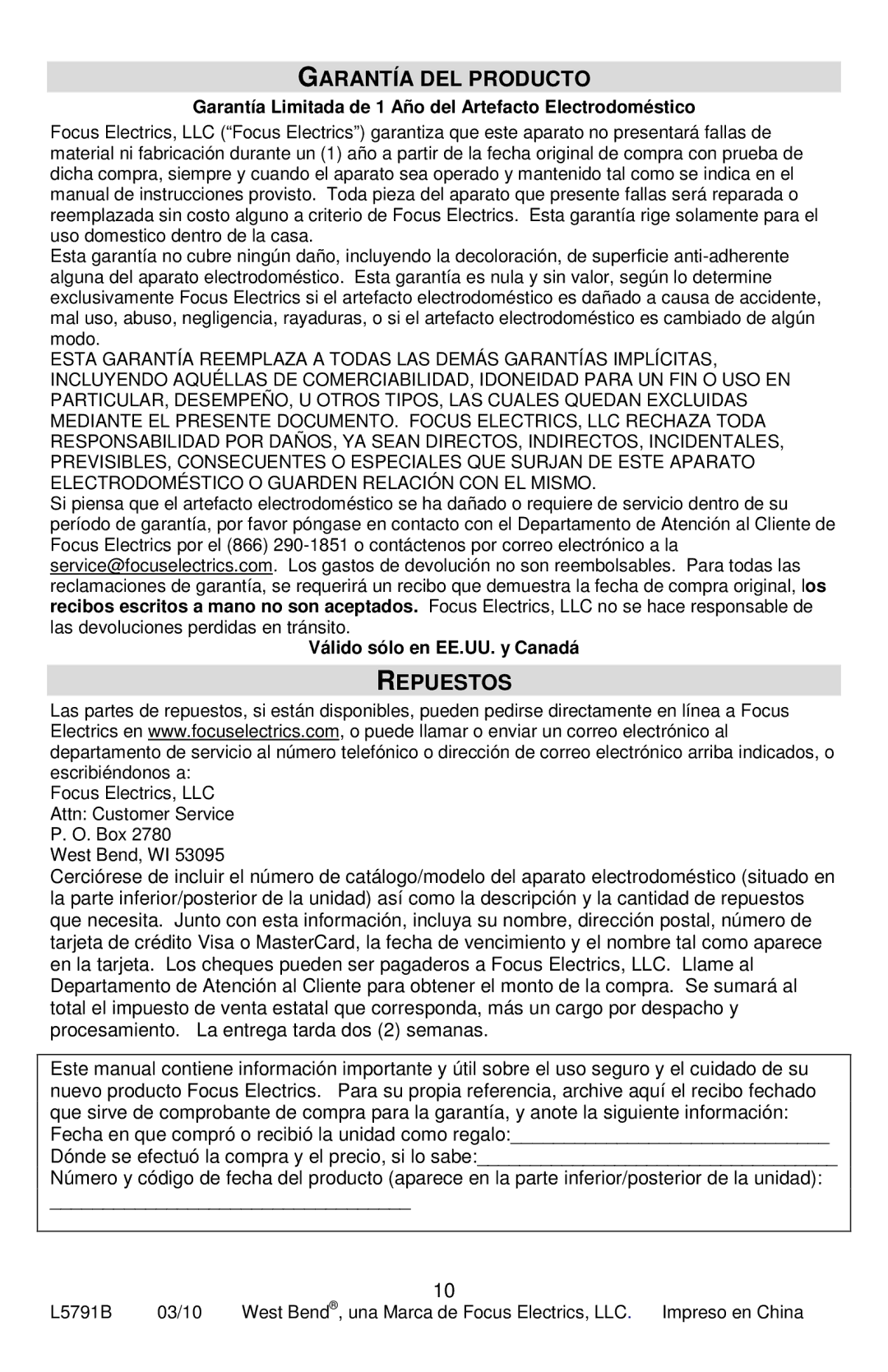 West Bend 72212, L5791B instruction manual Garantía DEL Producto, Repuestos 