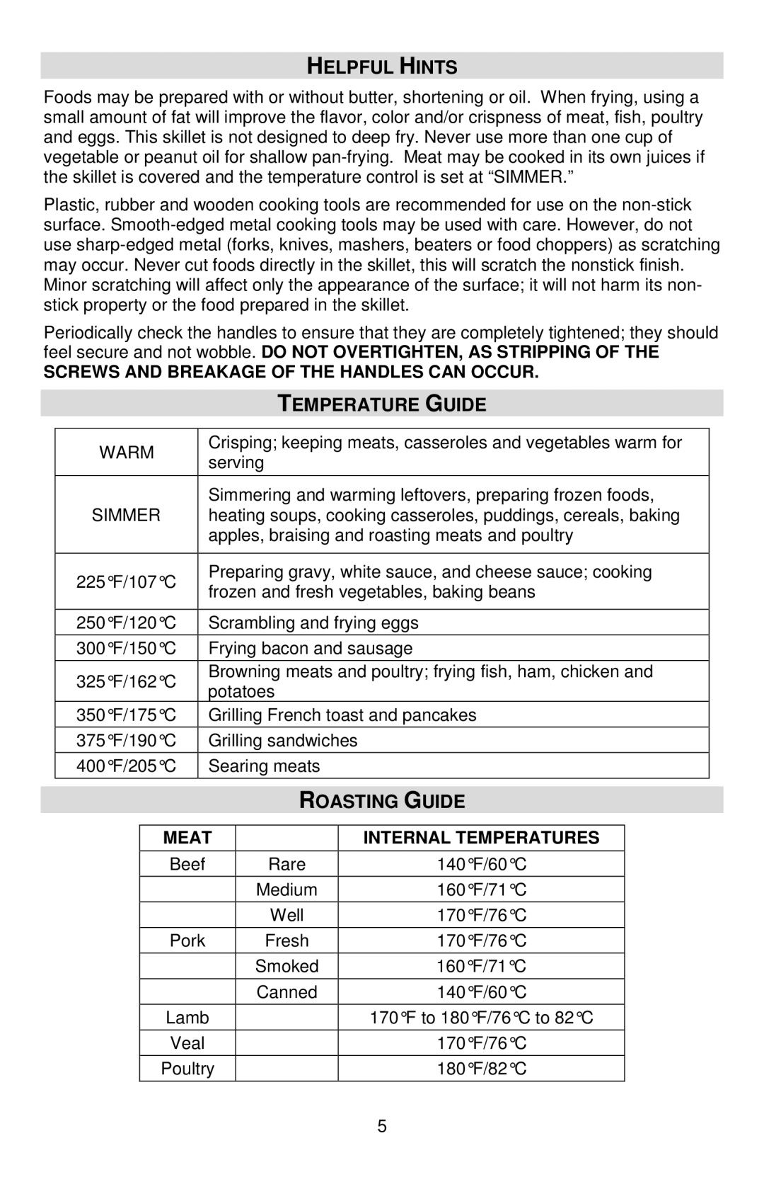 West Bend 72212, L5791B Helpful Hints, Temperature Guide, Screws and Breakage of the Handles can Occur, Roasting Guide 