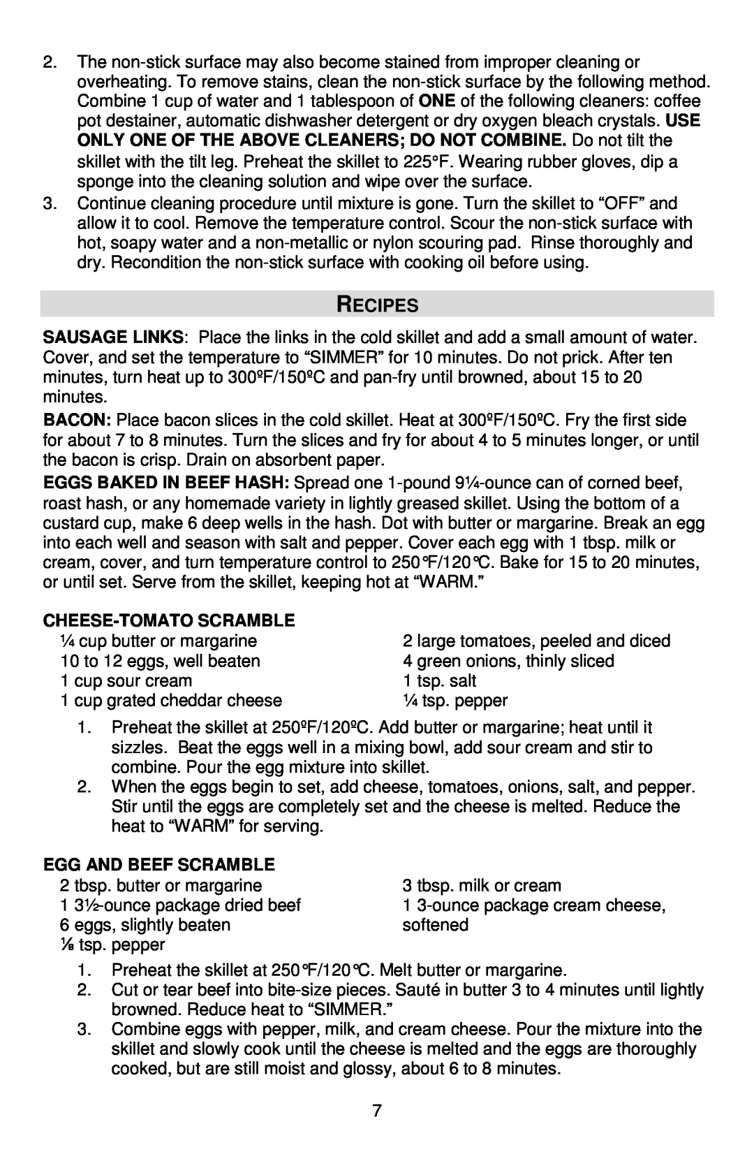 West Bend 72212, L5791B instruction manual Recipes, Cheese-Tomatoscramble, Egg And Beef Scramble 