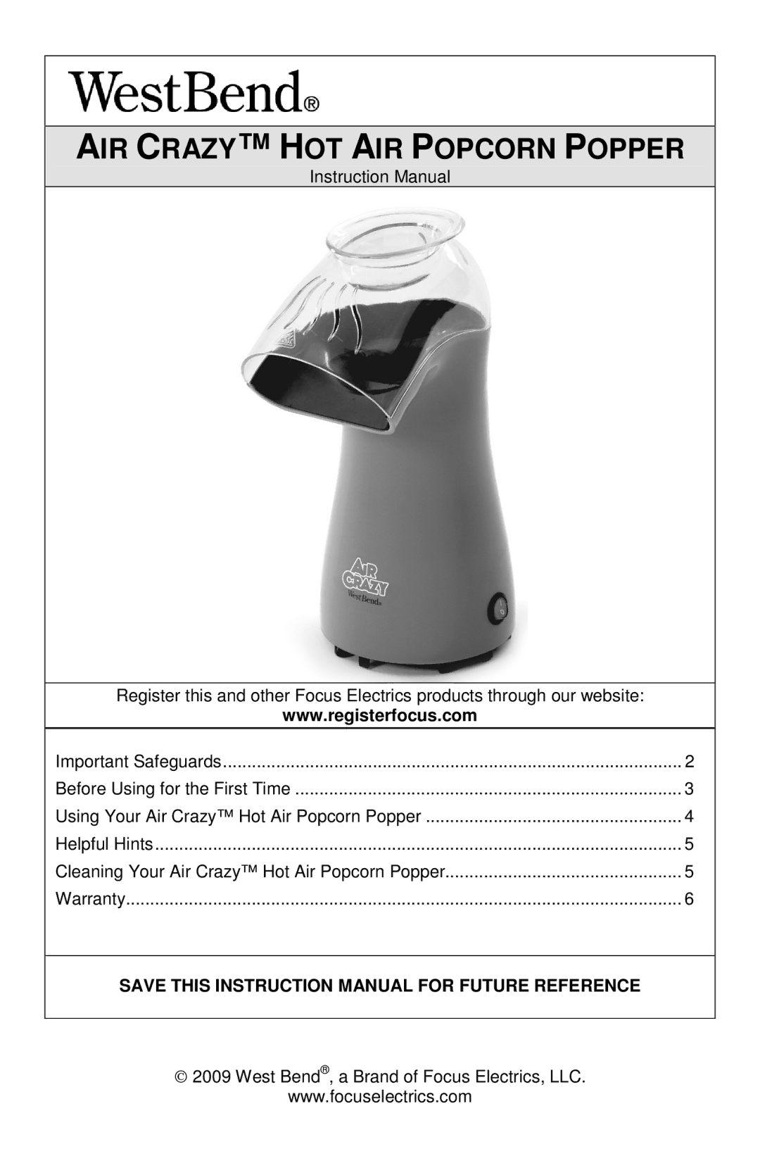 West Bend 82416, L5792B instruction manual AIR Crazy HOT AIR Popcorn Popper 