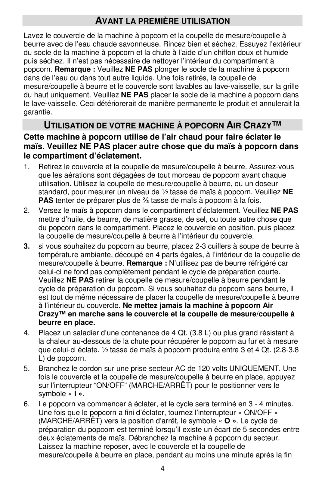 West Bend L5792B, 82416 instruction manual Avant LA Première Utilisation, Utilisation DE Votre Machine À Popcorn AIR Crazy 