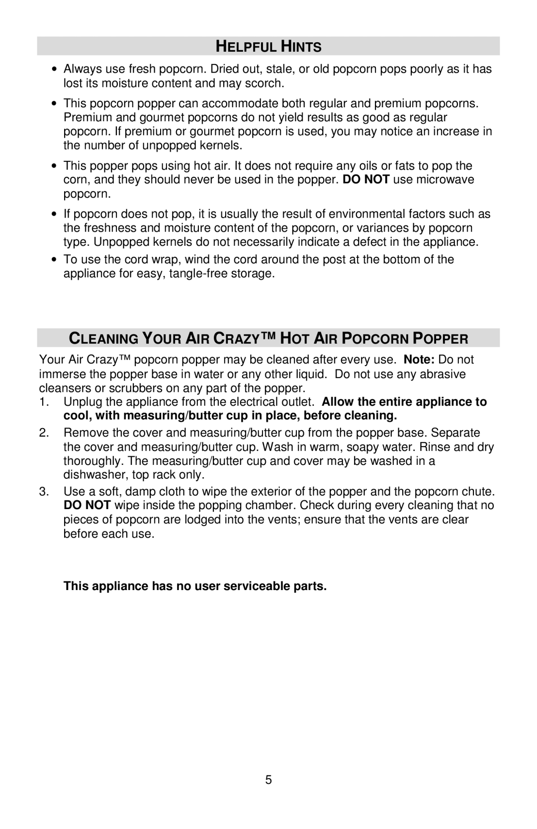 West Bend 82416, L5792B instruction manual Helpful Hints, Cleaning Your AIR Crazy HOT AIR Popcorn Popper 