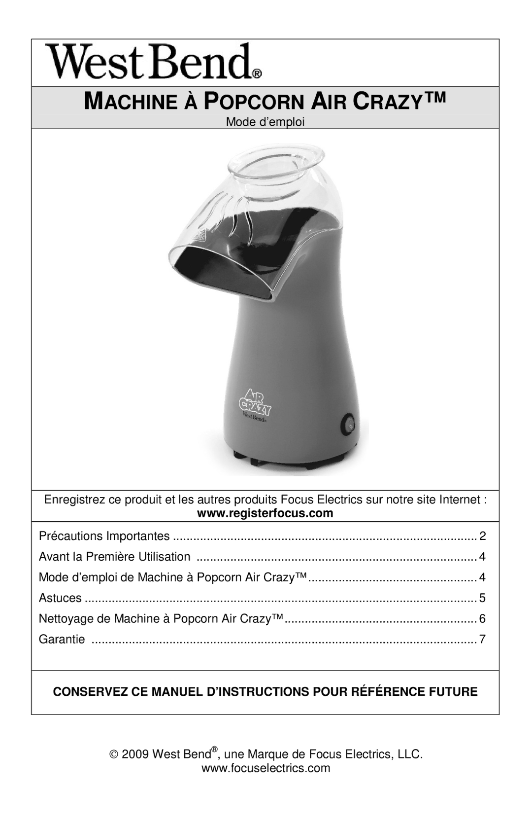 West Bend 82416, L5792B instruction manual Machine À Popcorn AIR Crazy 