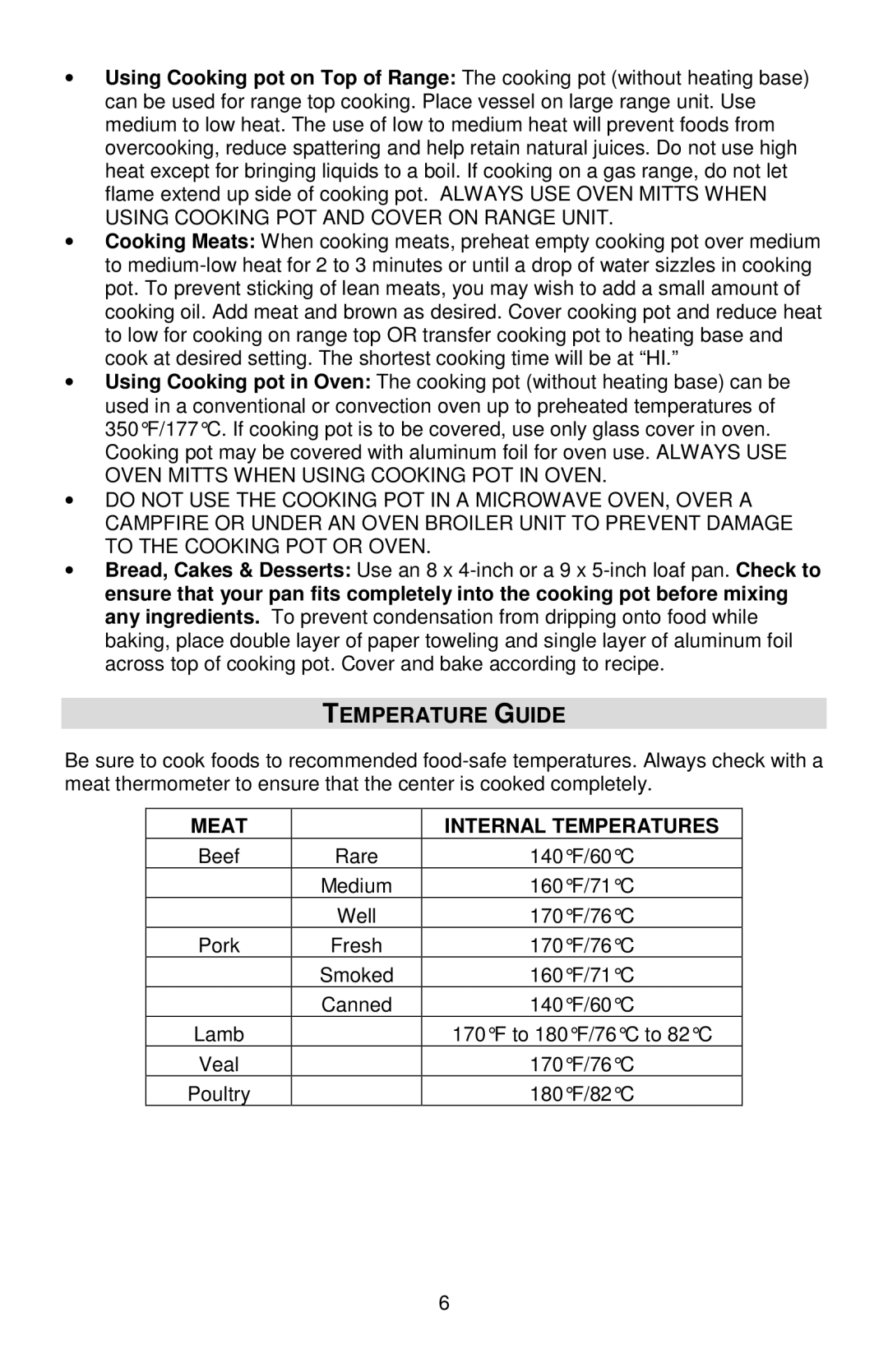 West Bend L5803A, 84906 instruction manual Temperature Guide, Meat Internal Temperatures 