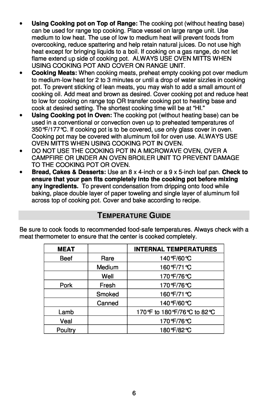 West Bend L5803A, 84906 instruction manual Temperature Guide, Meat, Internal Temperatures 