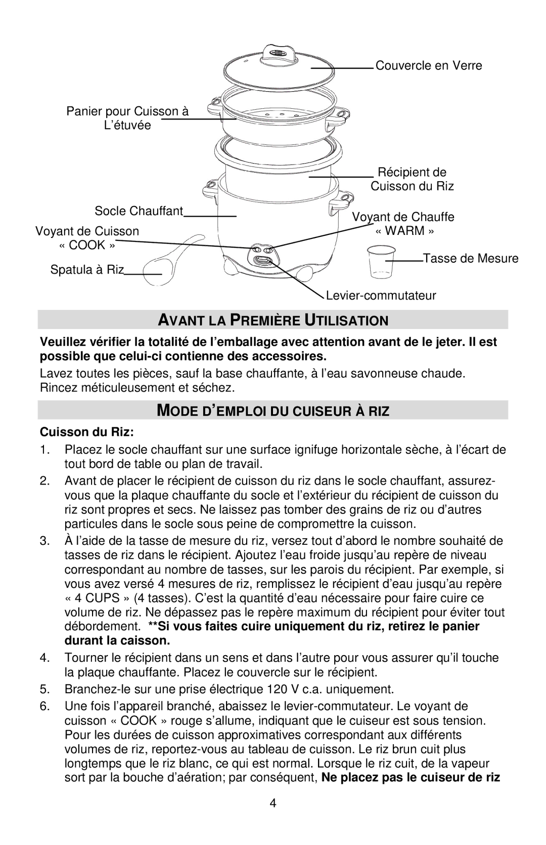 West Bend 88010, L5808 instruction manual Avant LA Première Utilisation, Mode D’EMPLOI DU Cuiseur À RIZ, Cuisson du Riz 