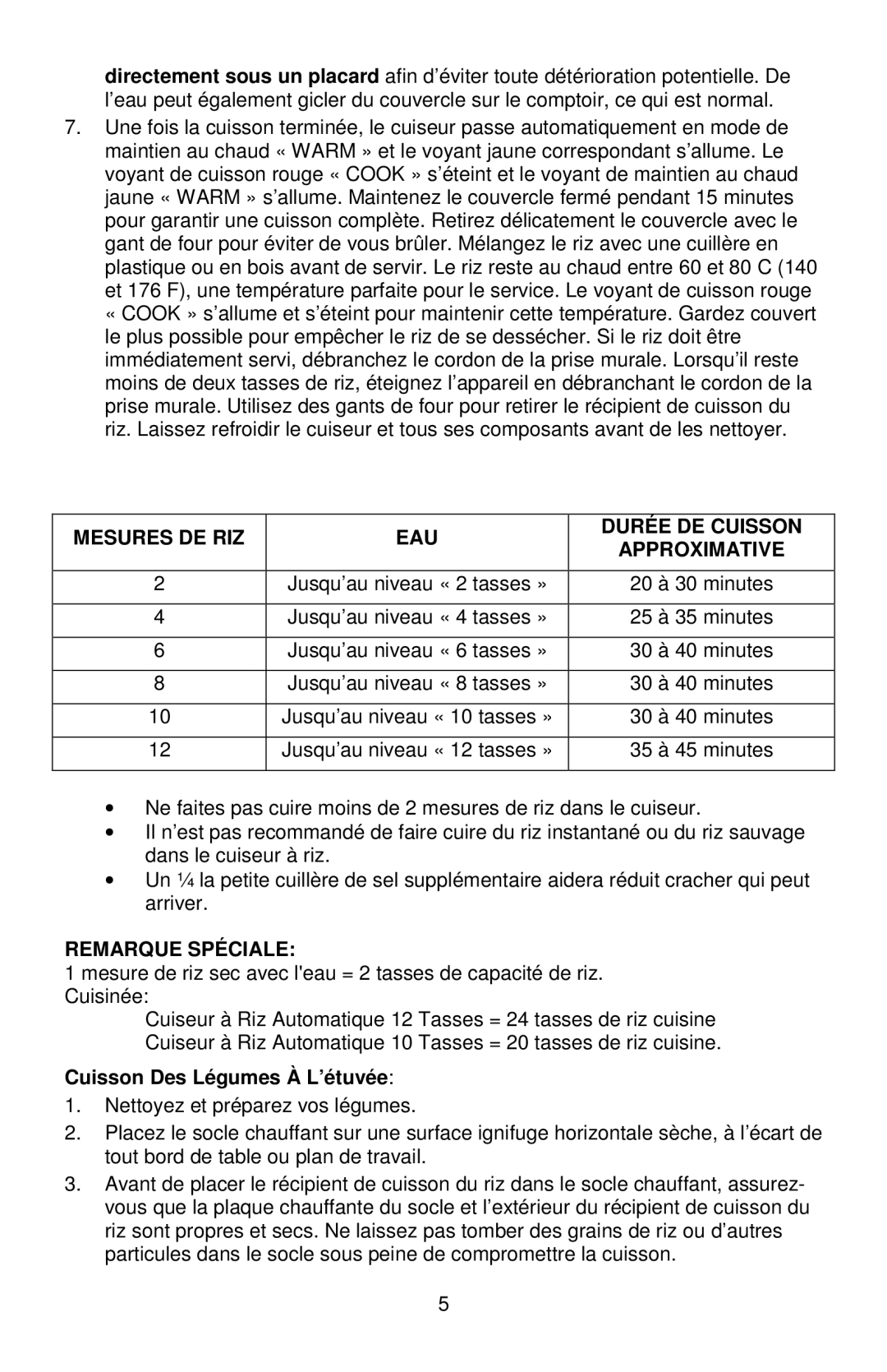 West Bend L5808 Mesures DE RIZ EAU Durée DE Cuisson Approximative, Remarque Spéciale, Cuisson Des Légumes À L’étuvée 