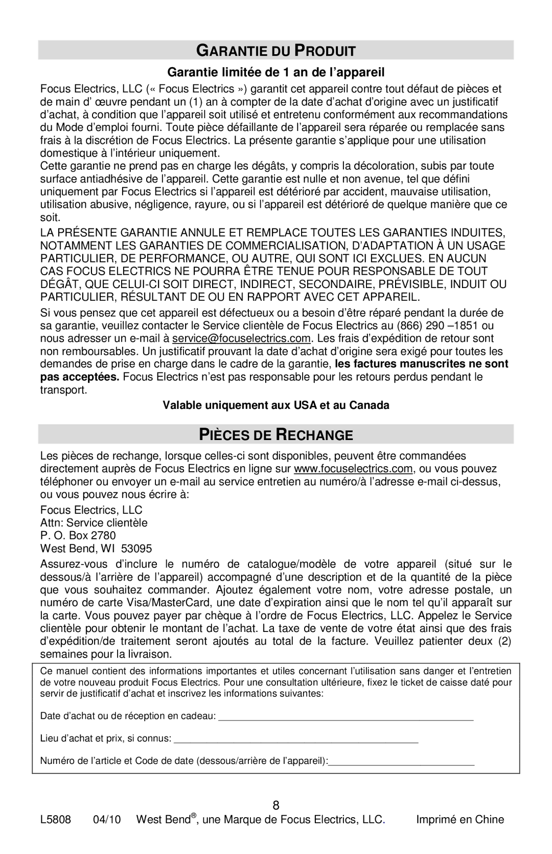 West Bend 88010, L5808 instruction manual Garantie DU Produit, Pièces DE Rechange, Garantie limitée de 1 an de l’appareil 