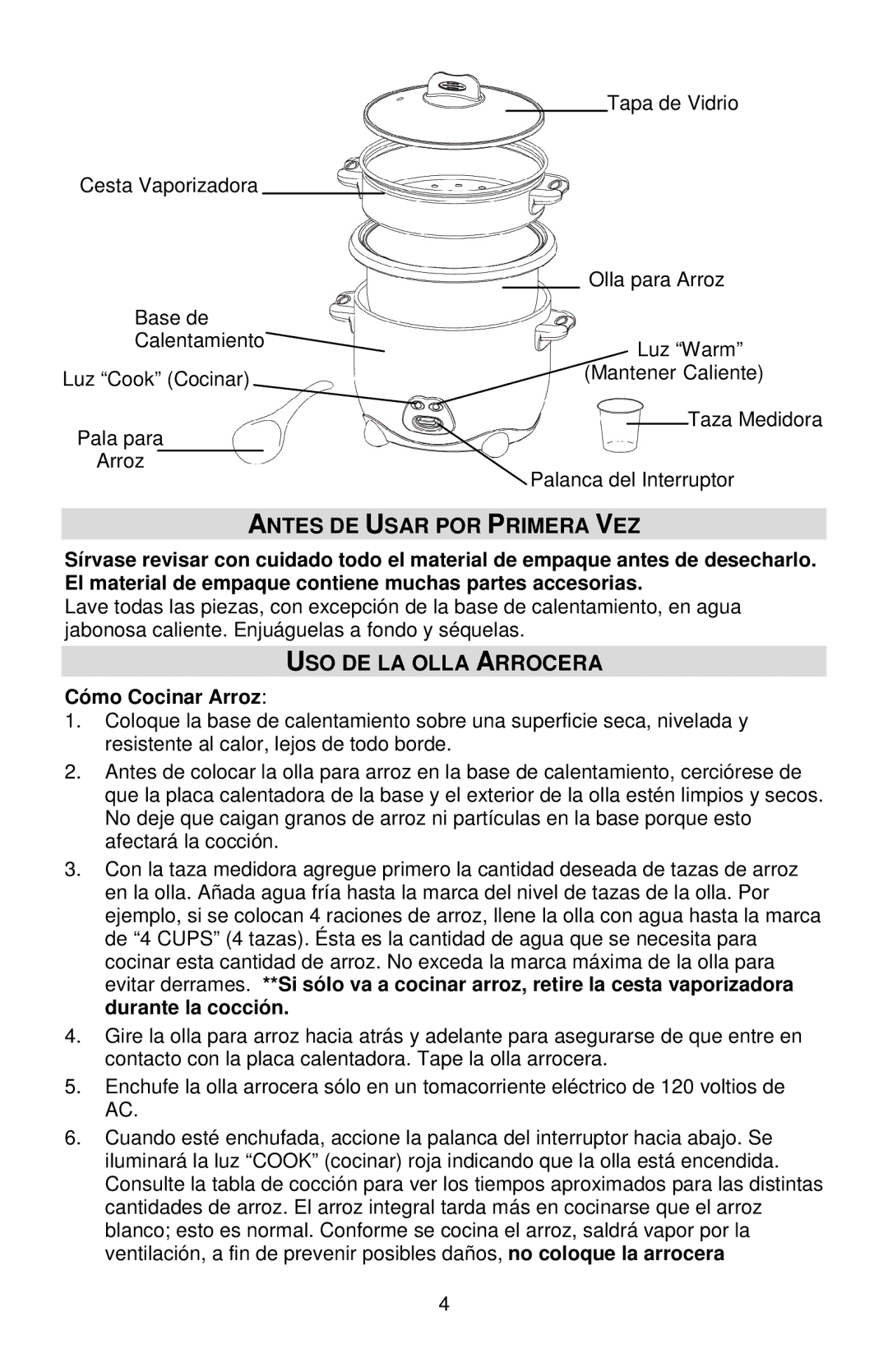 West Bend 88010, L5808 instruction manual Antes DE Usar POR Primera VEZ, USO DE LA Olla Arrocera, Cómo Cocinar Arroz 