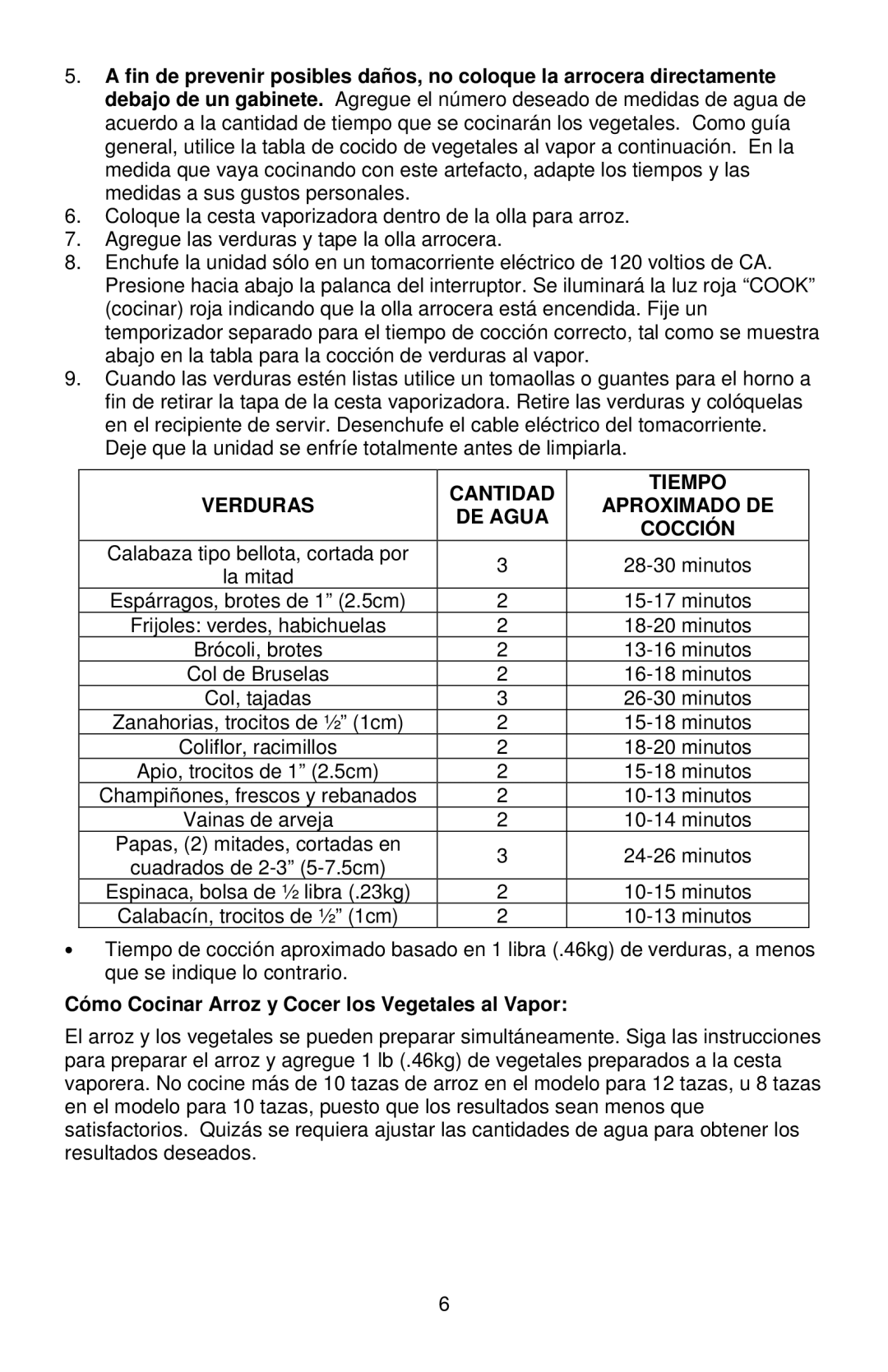 West Bend 88010 Cantidad Tiempo Verduras Aproximado DE DE Agua Cocción, Cómo Cocinar Arroz y Cocer los Vegetales al Vapor 