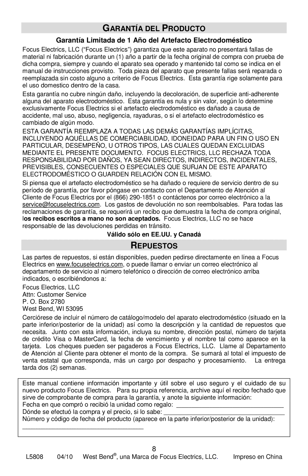 West Bend 88010, L5808 Garantía DEL Producto, Repuestos, Garantía Limitada de 1 Año del Artefacto Electrodoméstico 