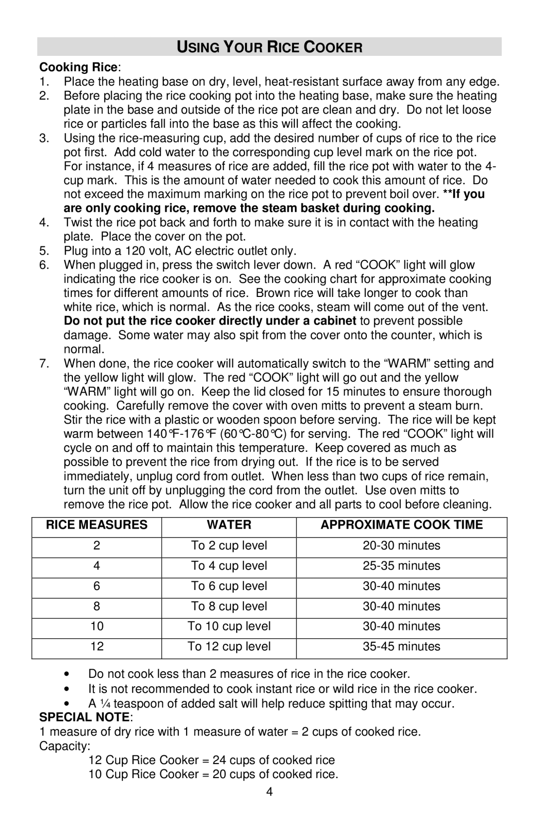 West Bend L5808, 88010 Using Your Rice Cooker, Cooking Rice, Rice Measures Water Approximate Cook Time, Special Note 