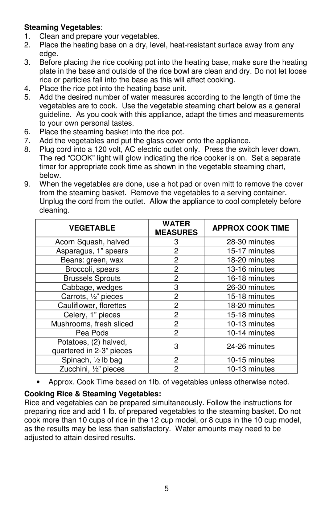 West Bend 88010, L5808 instruction manual Vegetable Water Approx Cook Time Measures, Cooking Rice & Steaming Vegetables 