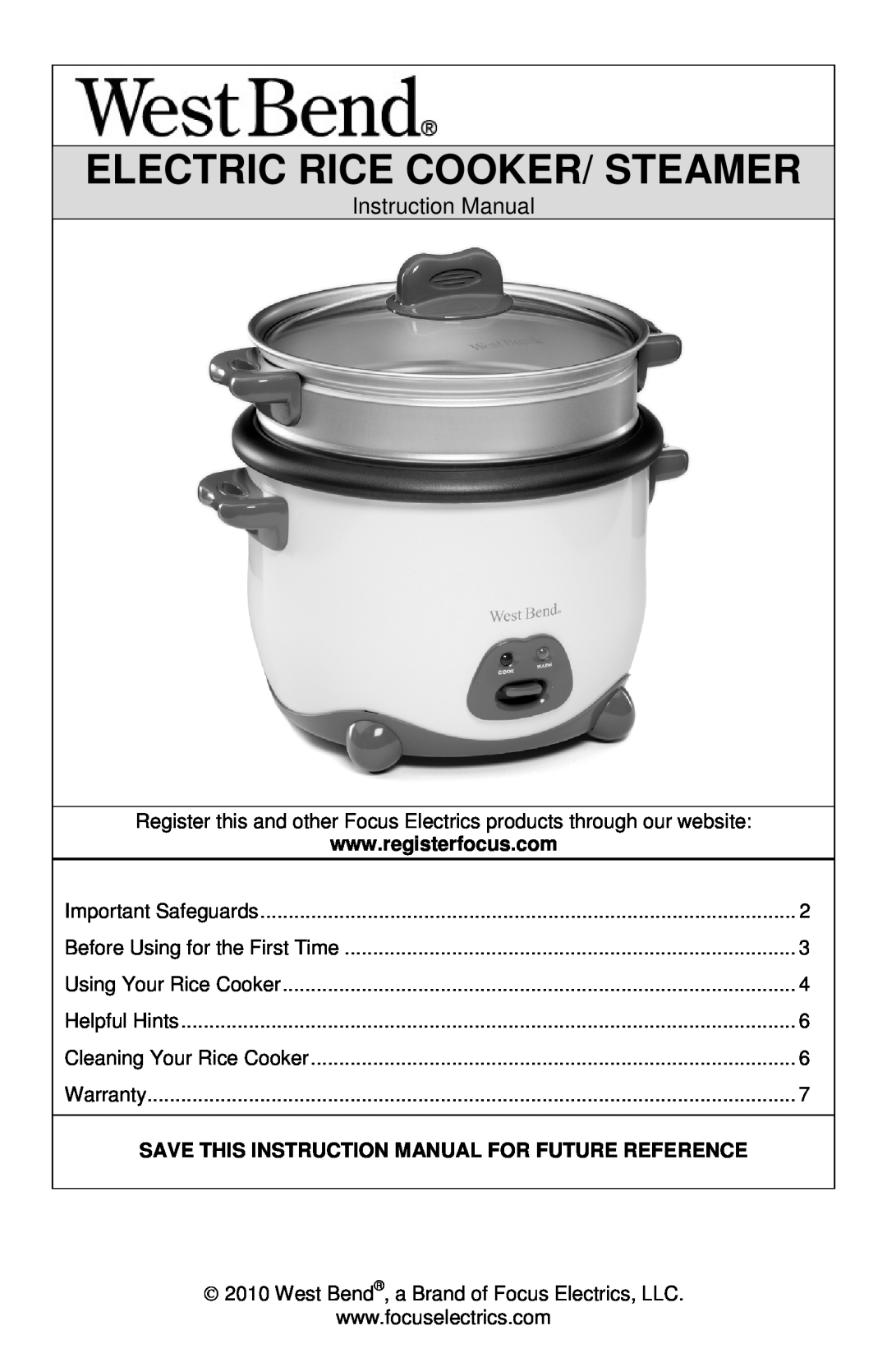 West Bend 88010, L5808 instruction manual Electric Rice Cooker/ Steamer 