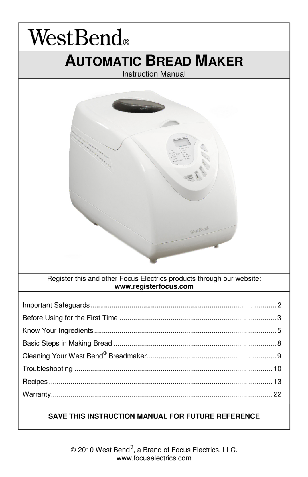 West Bend 41400, L5811A instruction manual Automatic Bread Maker 