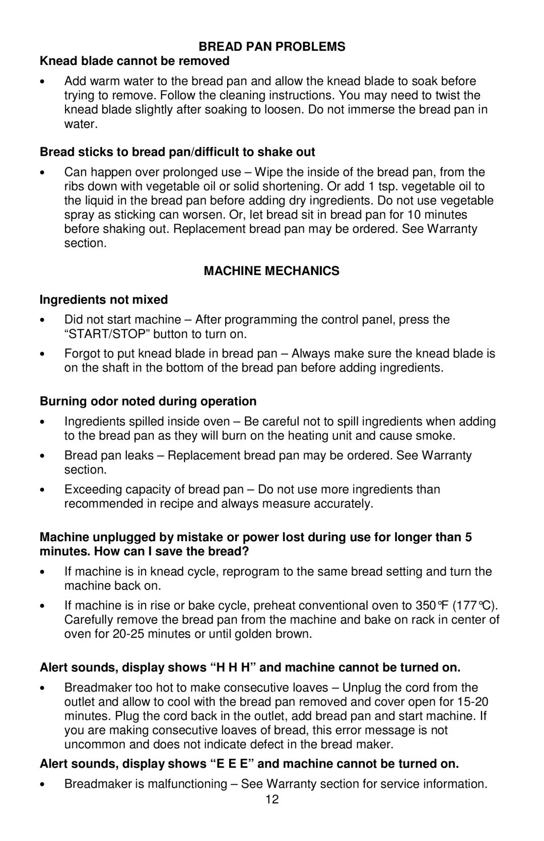 West Bend L5811A, 41400 instruction manual Bread PAN Problems, Machine Mechanics 