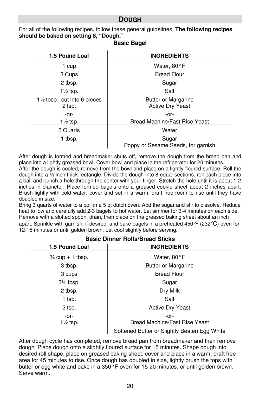 West Bend L5811A, 41400 instruction manual Dough, Basic Bagel, Basic Dinner Rolls/Bread Sticks 