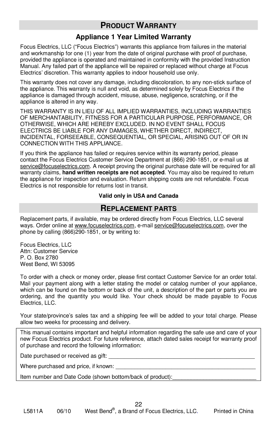 West Bend L5811A Product Warranty, Appliance 1 Year Limited Warranty, Replacement Parts, Valid only in USA and Canada 