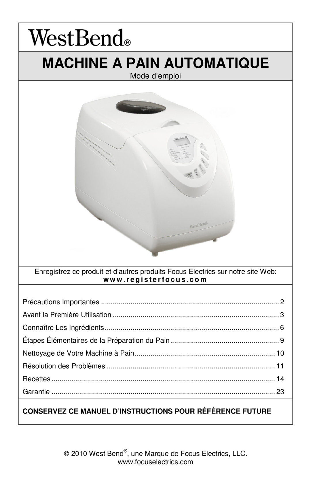 West Bend 41400, L5811A W . r e g i s t e r f o c u s . c o m, Conservez CE Manuel D’INSTRUCTIONS Pour Référence Future 
