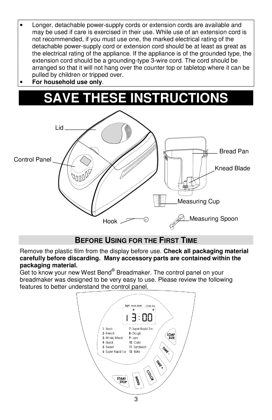 West Bend 41400, L5811A instruction manual Before Using for the First Time, For household use only 