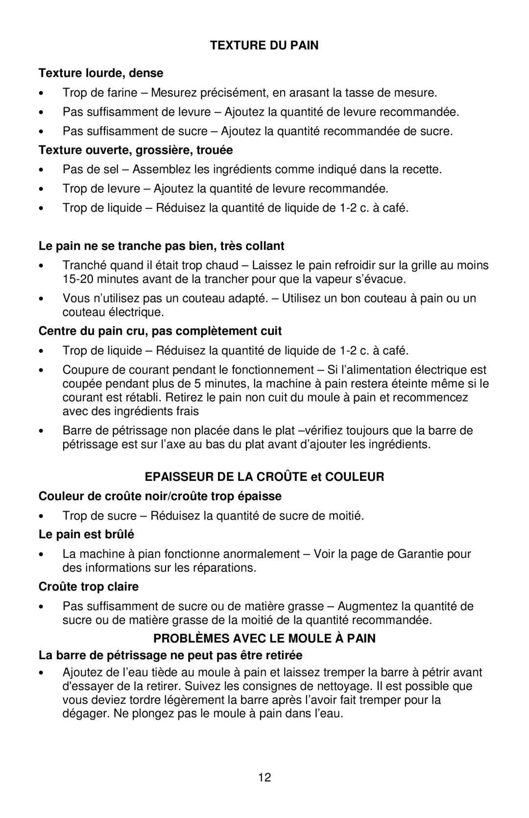 West Bend L5811A, 41400 instruction manual Texture DU Pain, Problèmes Avec LE Moule À Pain 