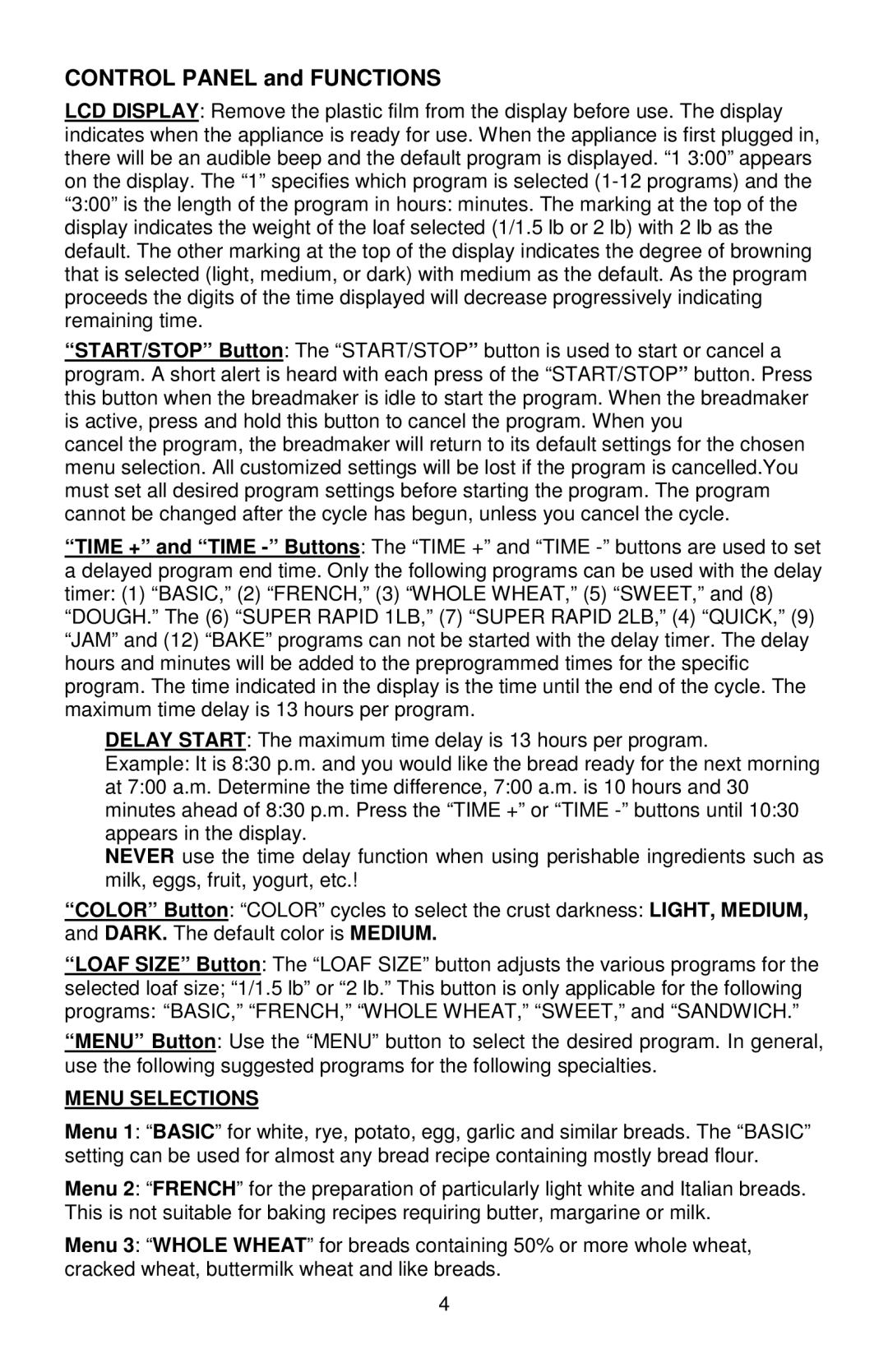 West Bend L5811A, 41400 instruction manual Control Panel and Functions, Menu Selections 