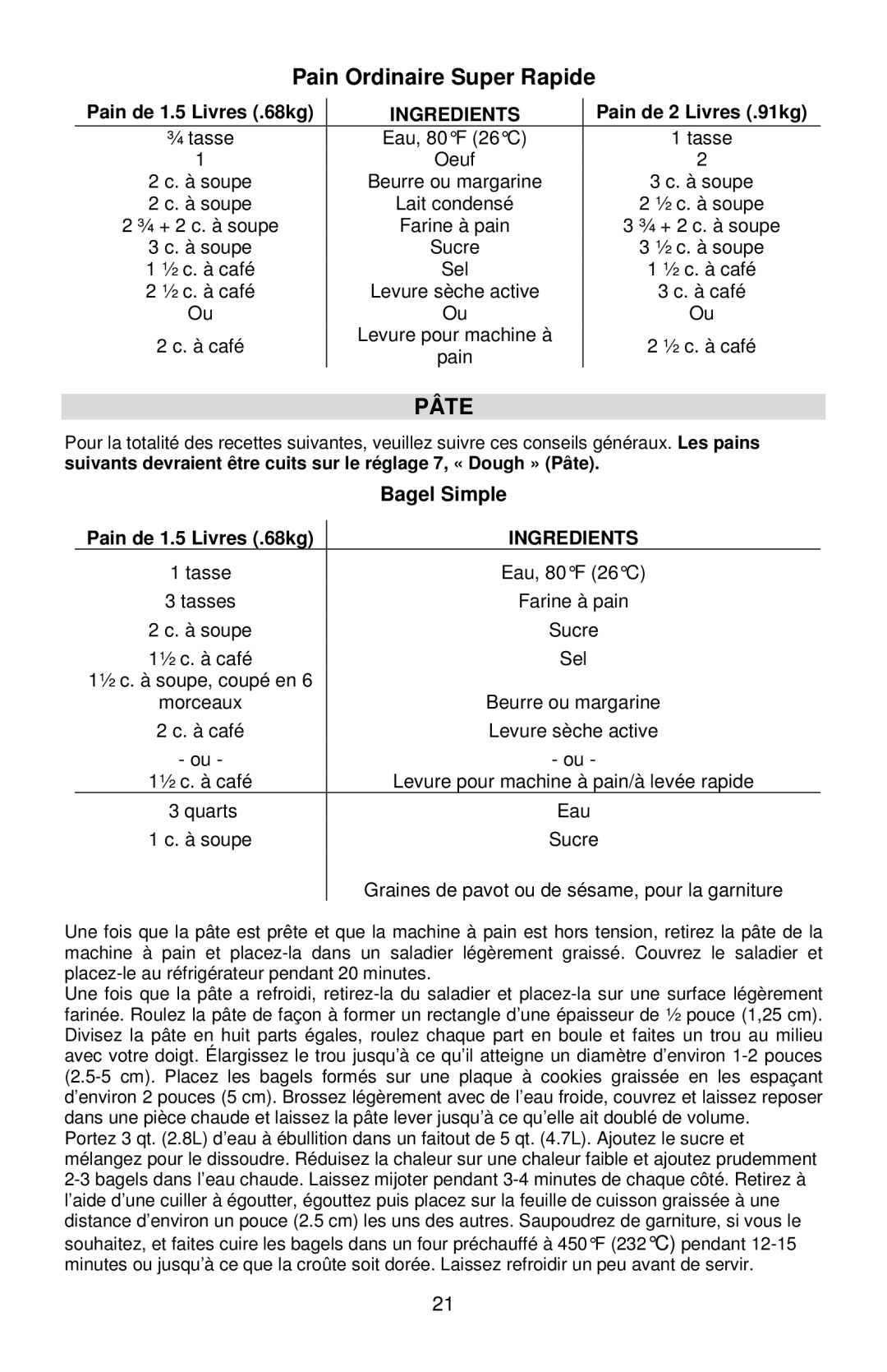 West Bend 41400, L5811A instruction manual Pain Ordinaire Super Rapide, Pâte, Bagel Simple 