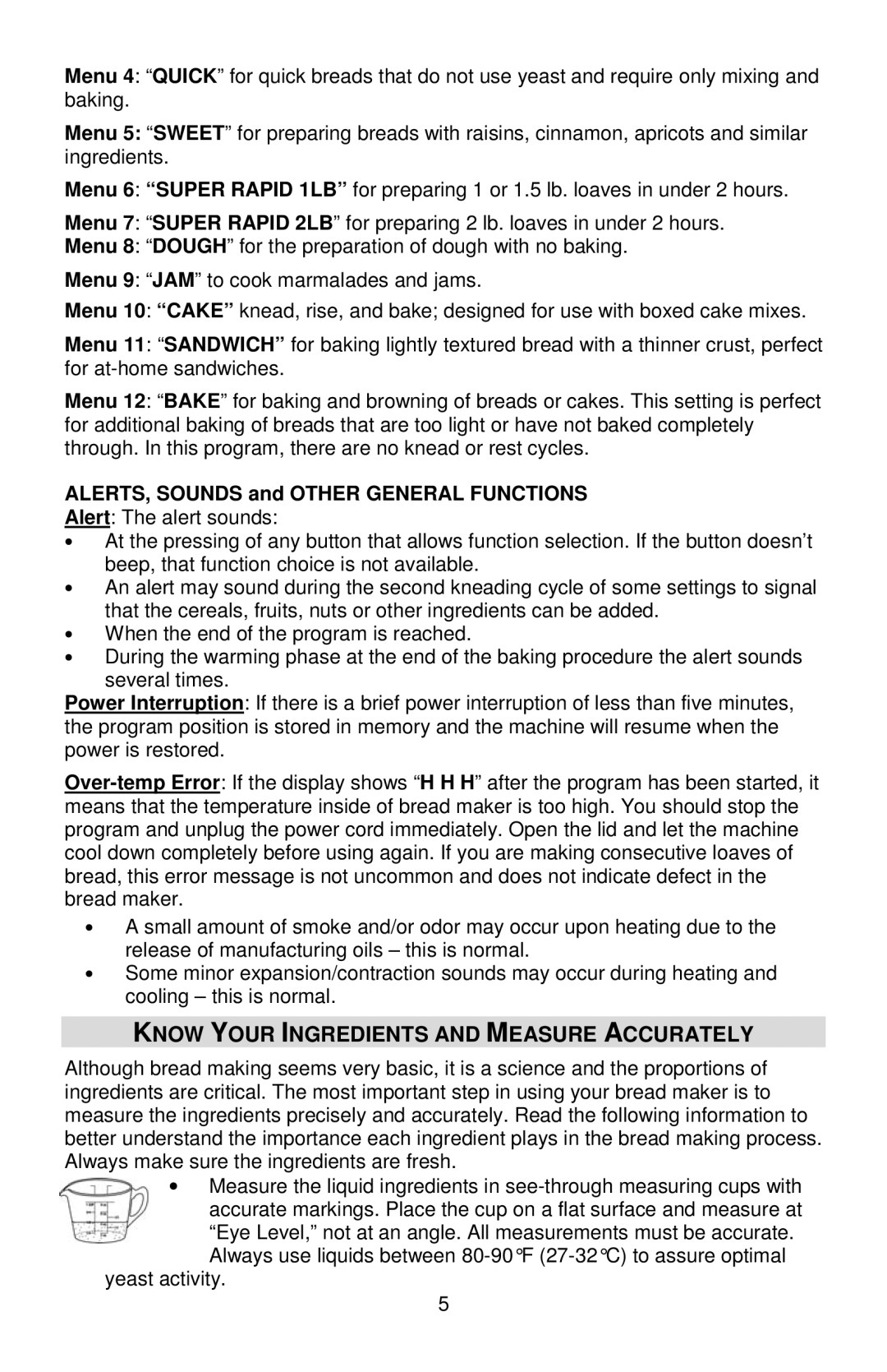 West Bend 41400, L5811A Know Your Ingredients and Measure Accurately, ALERTS, Sounds and Other General Functions 