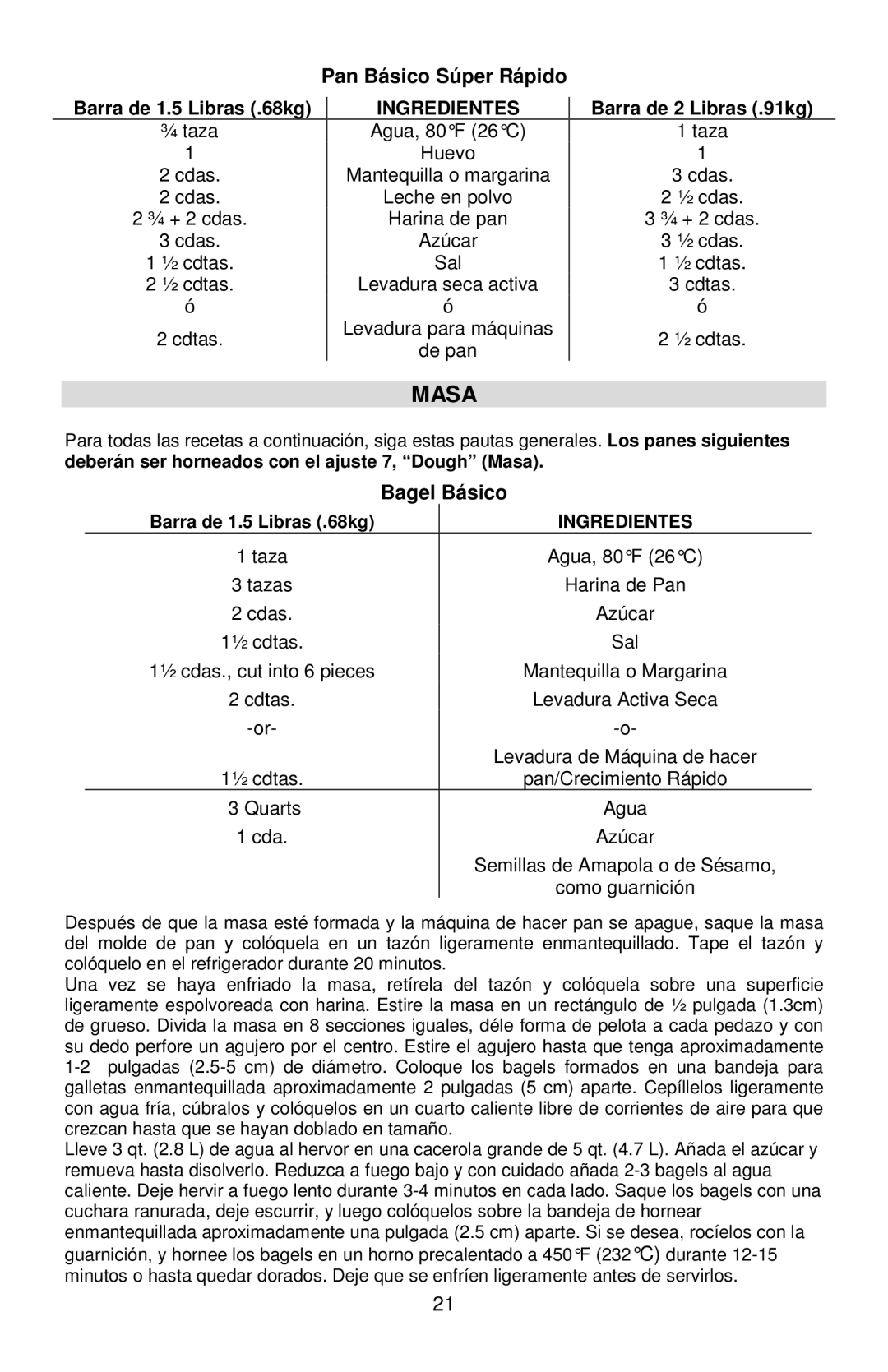 West Bend L5811A, 41400 instruction manual Masa, Pan Básico Súper Rápido, Bagel Básico 