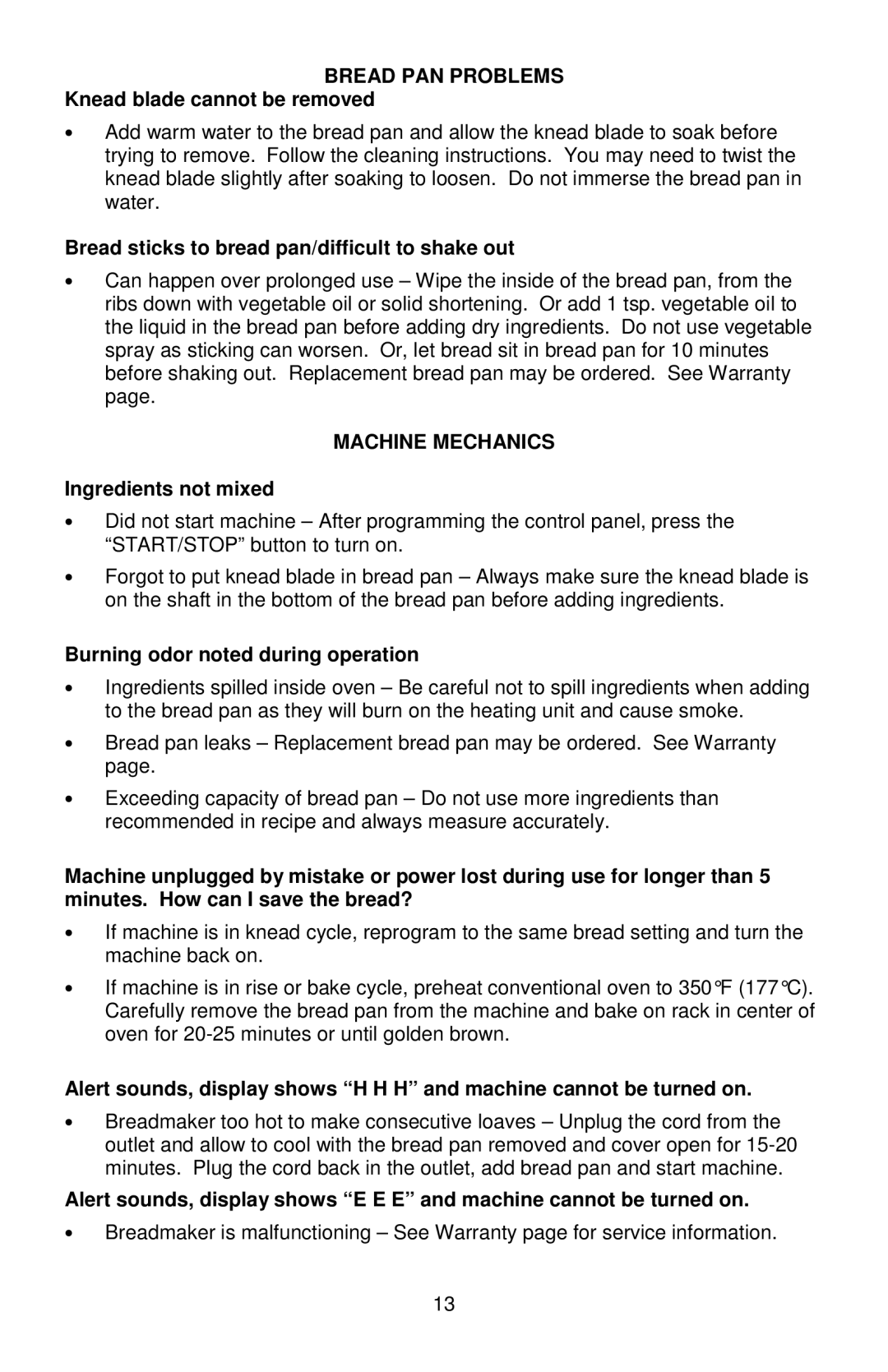 West Bend 41300B, L5815 instruction manual Bread PAN Problems, Machine Mechanics 