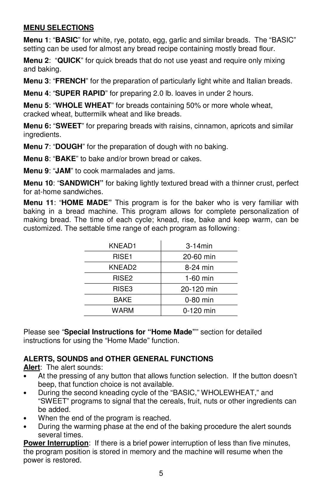 West Bend 41300B, L5815 instruction manual Menu Selections 