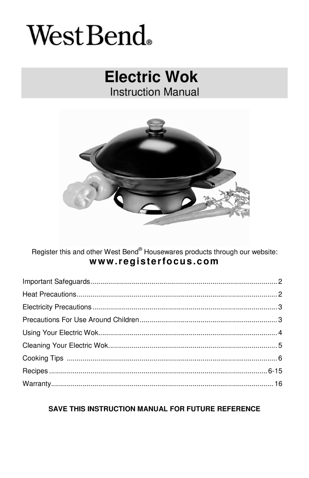 West Bend 79586R, L5818 instruction manual Electric Wok 