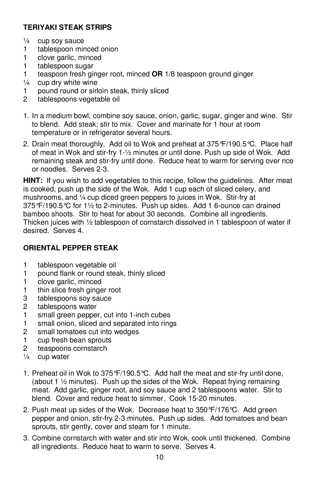 West Bend L5818, 79586R instruction manual Teriyaki Steak Strips, Oriental Pepper Steak 