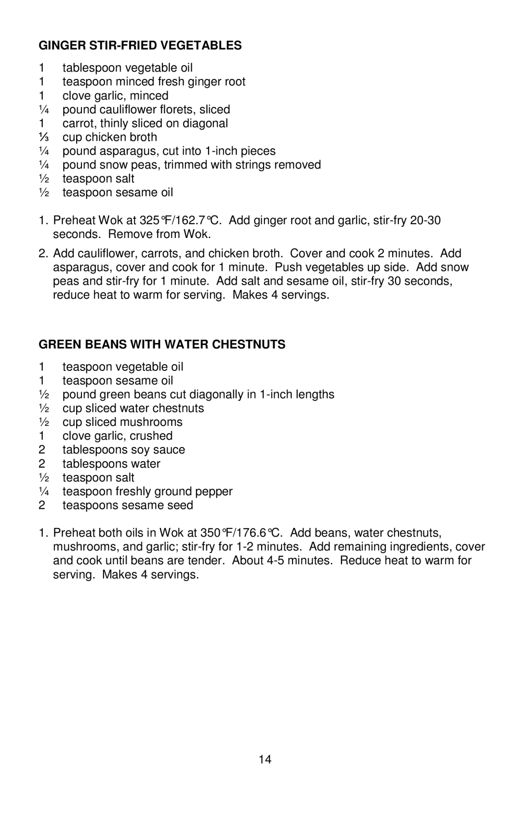 West Bend L5818, 79586R instruction manual Ginger STIR-FRIED Vegetables, Green Beans with Water Chestnuts 