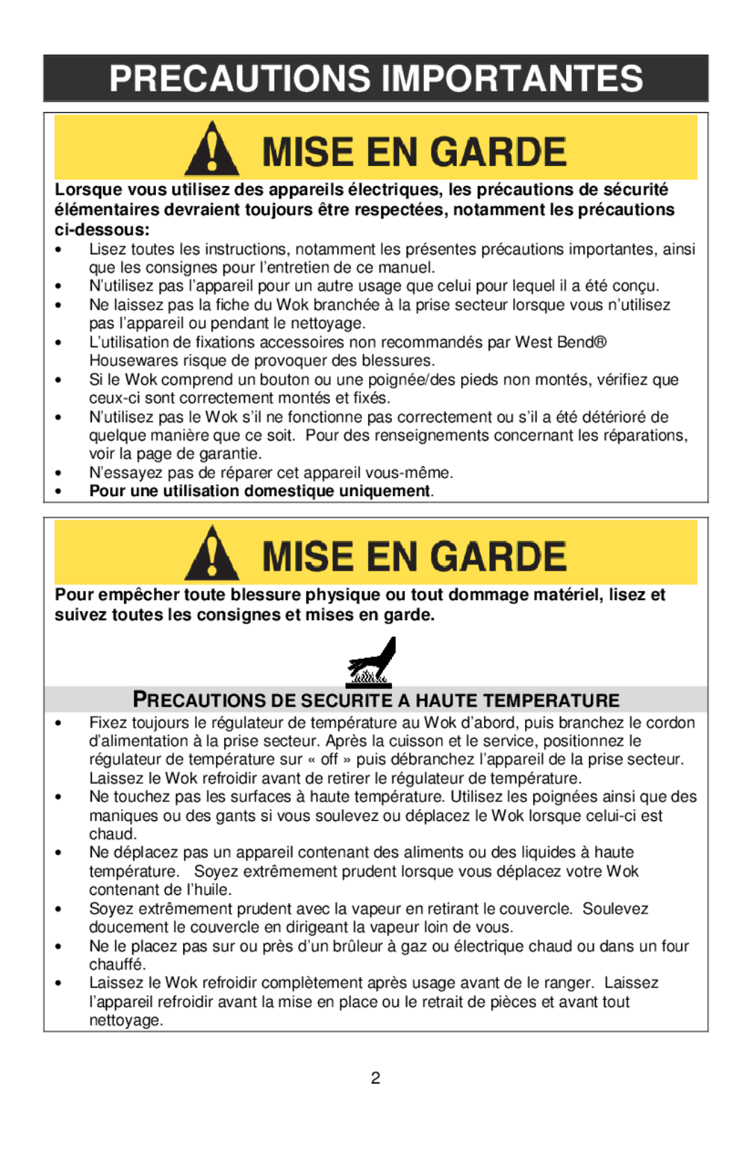 West Bend L5818, 79586R instruction manual Precautions Importantes, Precautions DE Securite a Haute Temperature 