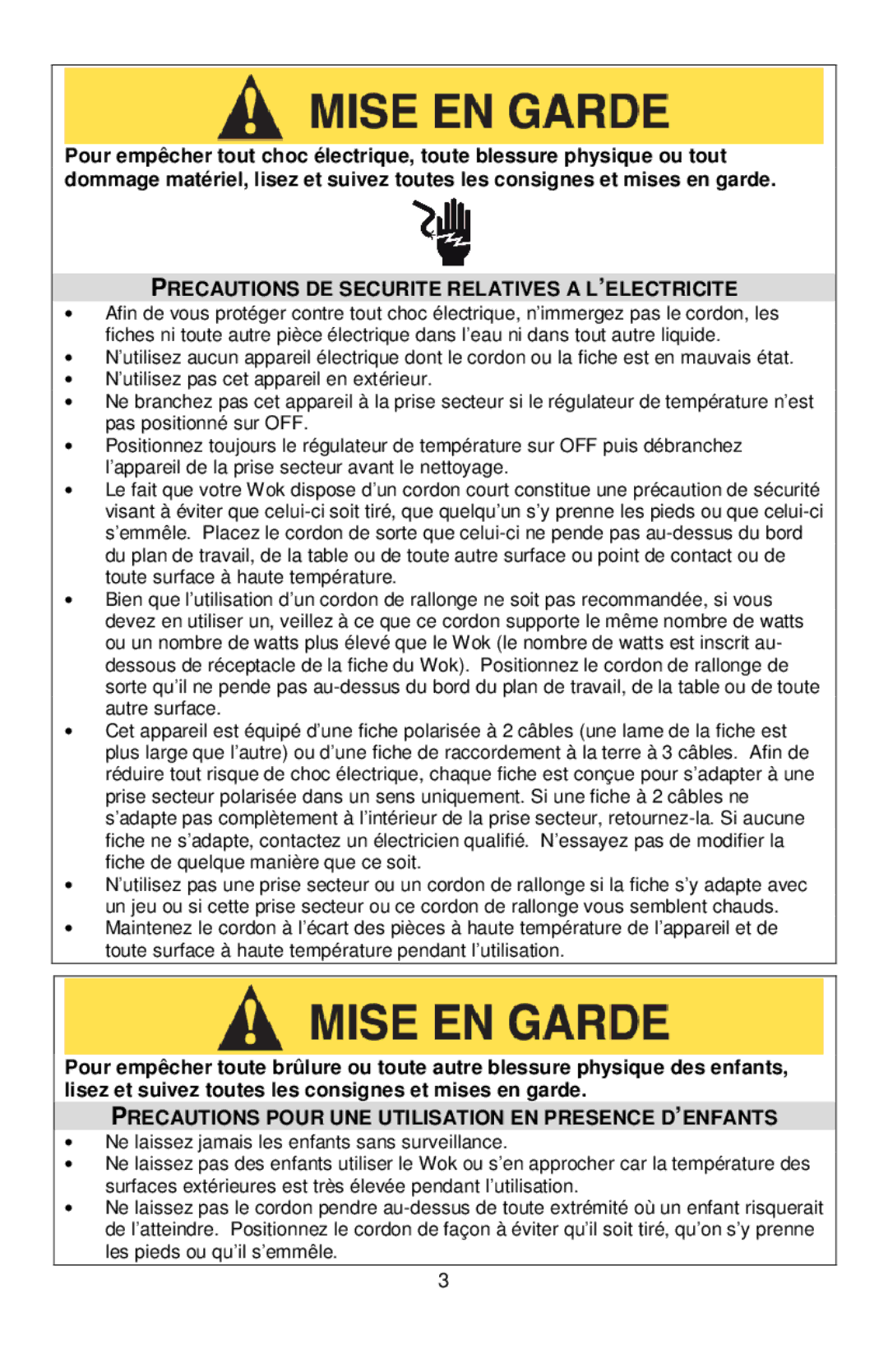 West Bend 79586R Precautions DE Securite Relatives a L’ELECTRICITE, Precautions Pour UNE Utilisation EN Presence D’ENFANTS 