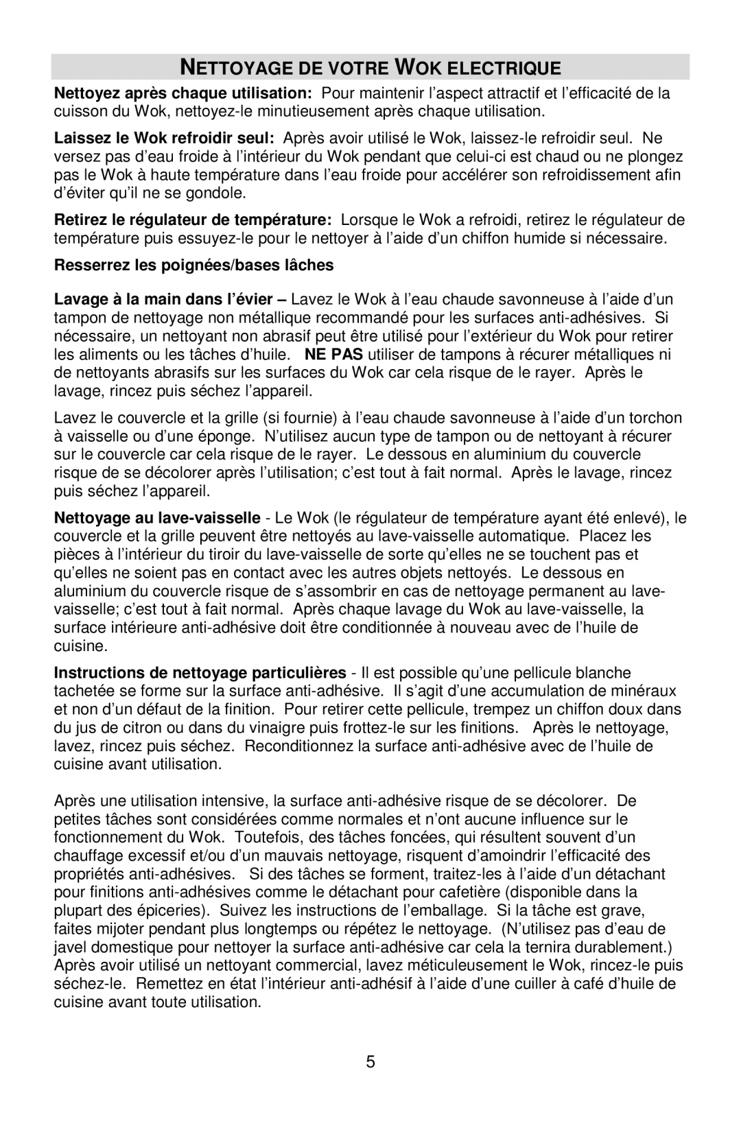 West Bend 79586R, L5818 instruction manual Nettoyage DE Votre WOK Electrique, Resserrez les poignées/bases lâches 