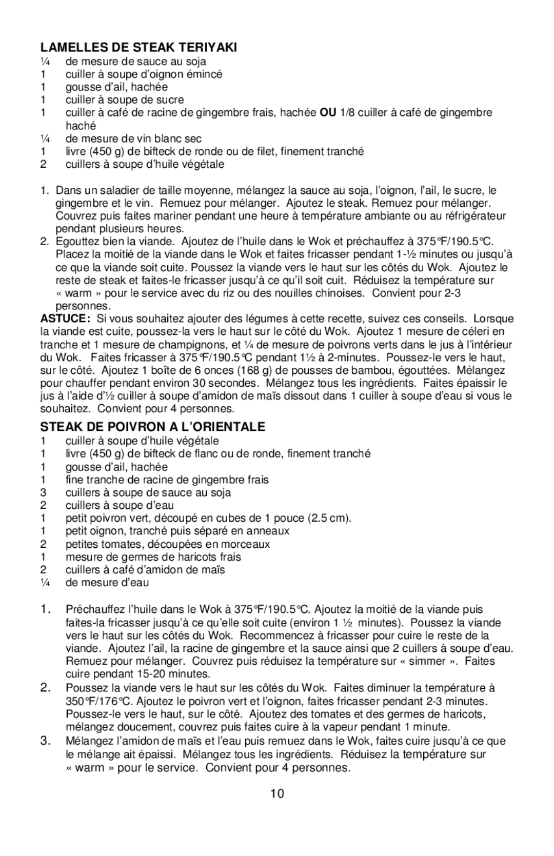 West Bend L5818, 79586R instruction manual Lamelles DE Steak Teriyaki, Steak DE Poivron a L’ORIENTALE 