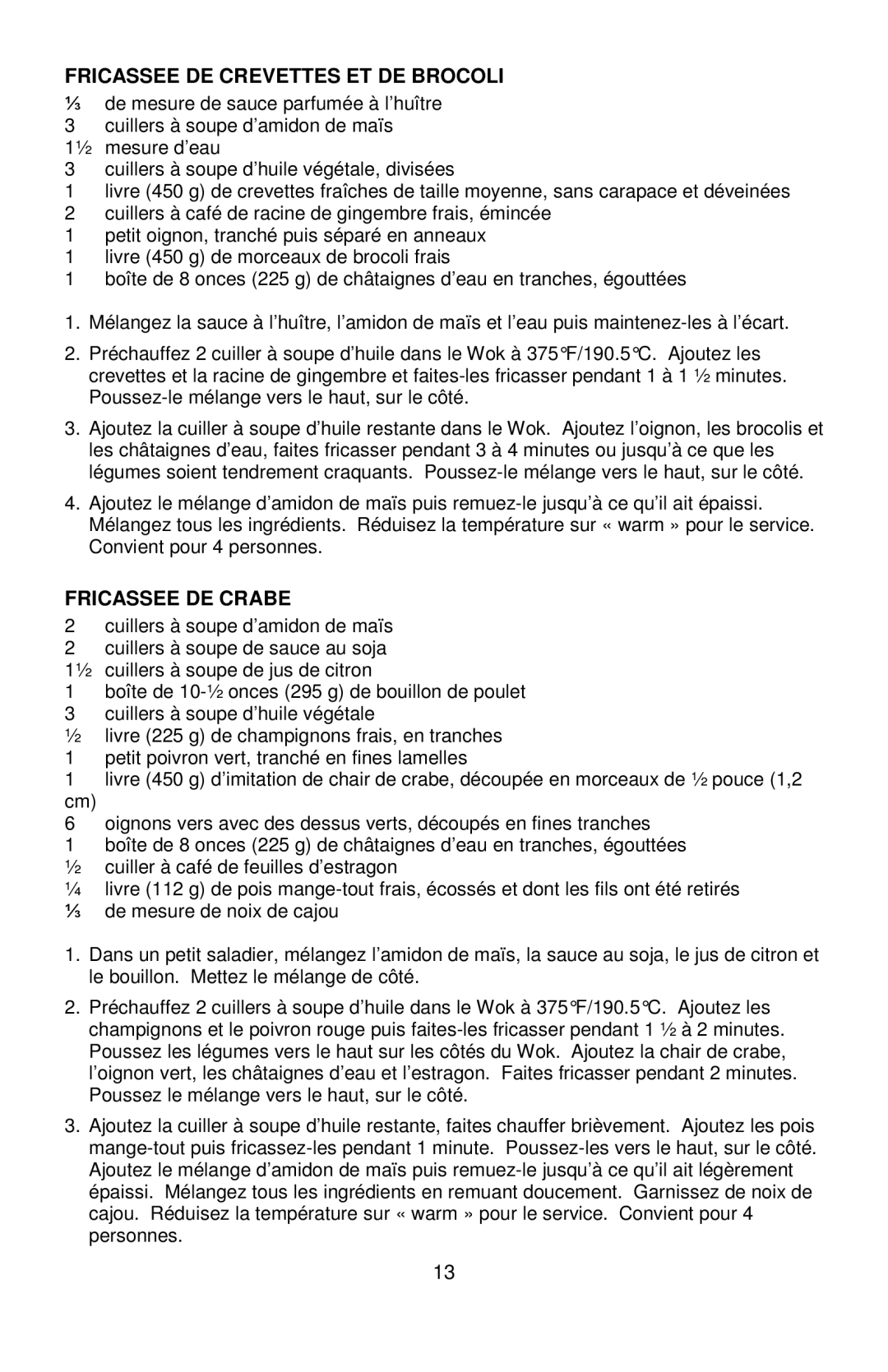 West Bend 79586R, L5818 instruction manual Fricassee DE Crevettes ET DE Brocoli, Fricassee DE Crabe 