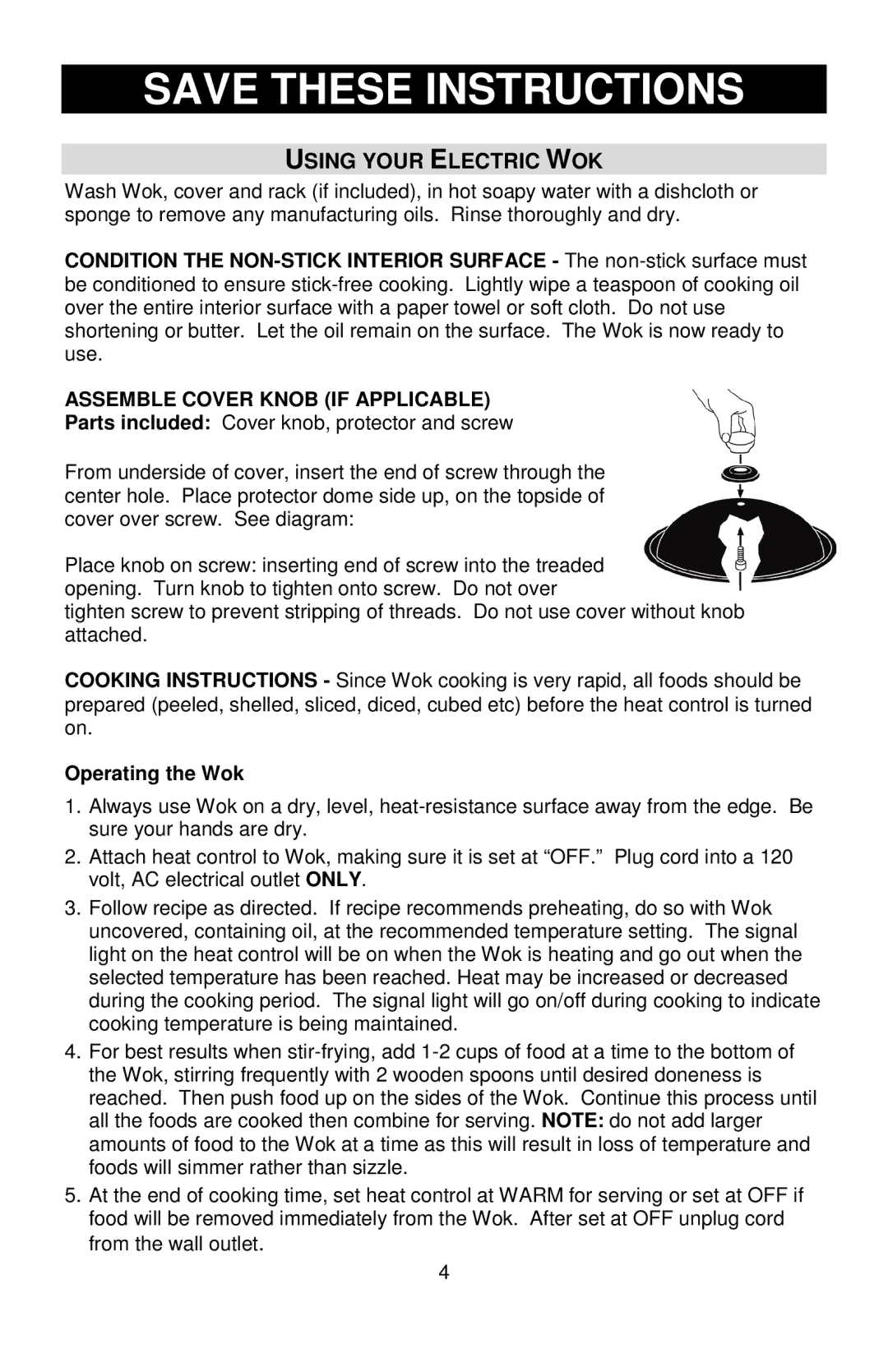 West Bend L5818, 79586R instruction manual Using Your Electric WOK, Assemble Cover Knob if Applicable 