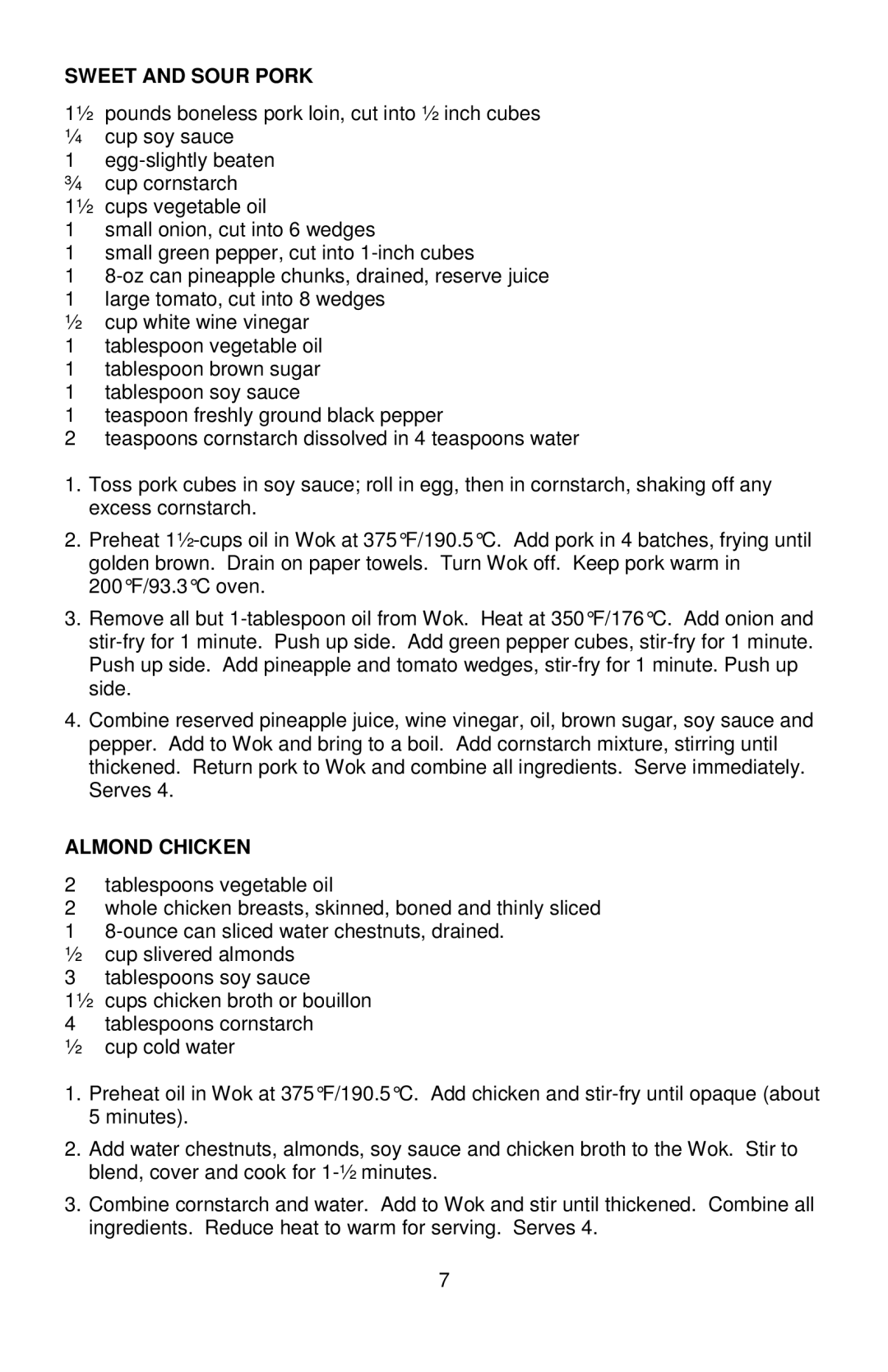 West Bend 79586R, L5818 instruction manual Sweet and Sour Pork, Almond Chicken 