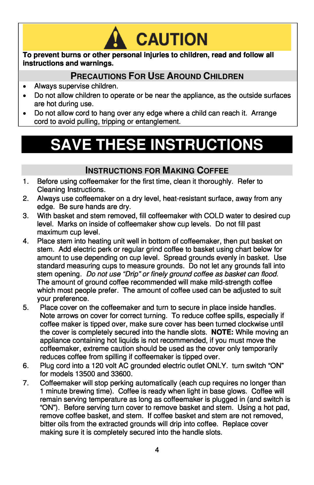 West Bend LARGE CAPACITY COFFEEMAKERS instruction manual Save These Instructions, Precautions For Use Around Children 