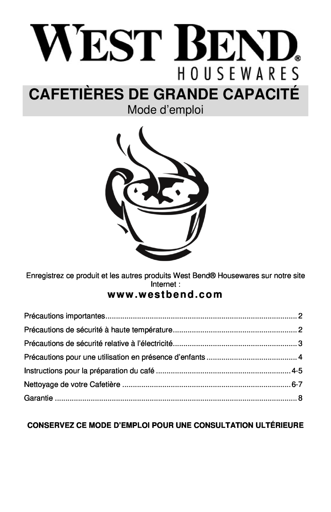 West Bend LARGE CAPACITY COFFEEMAKERS instruction manual Cafetières De Grande Capacité, Mode d’emploi, www . westbend . com 