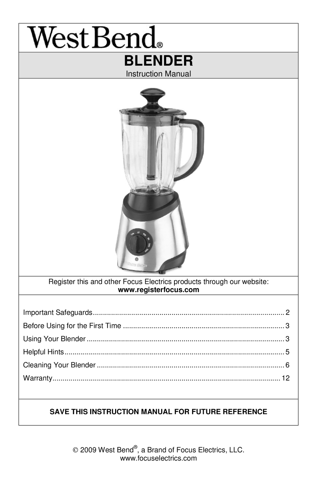 West Bend MCD 289 instruction manual Blender 