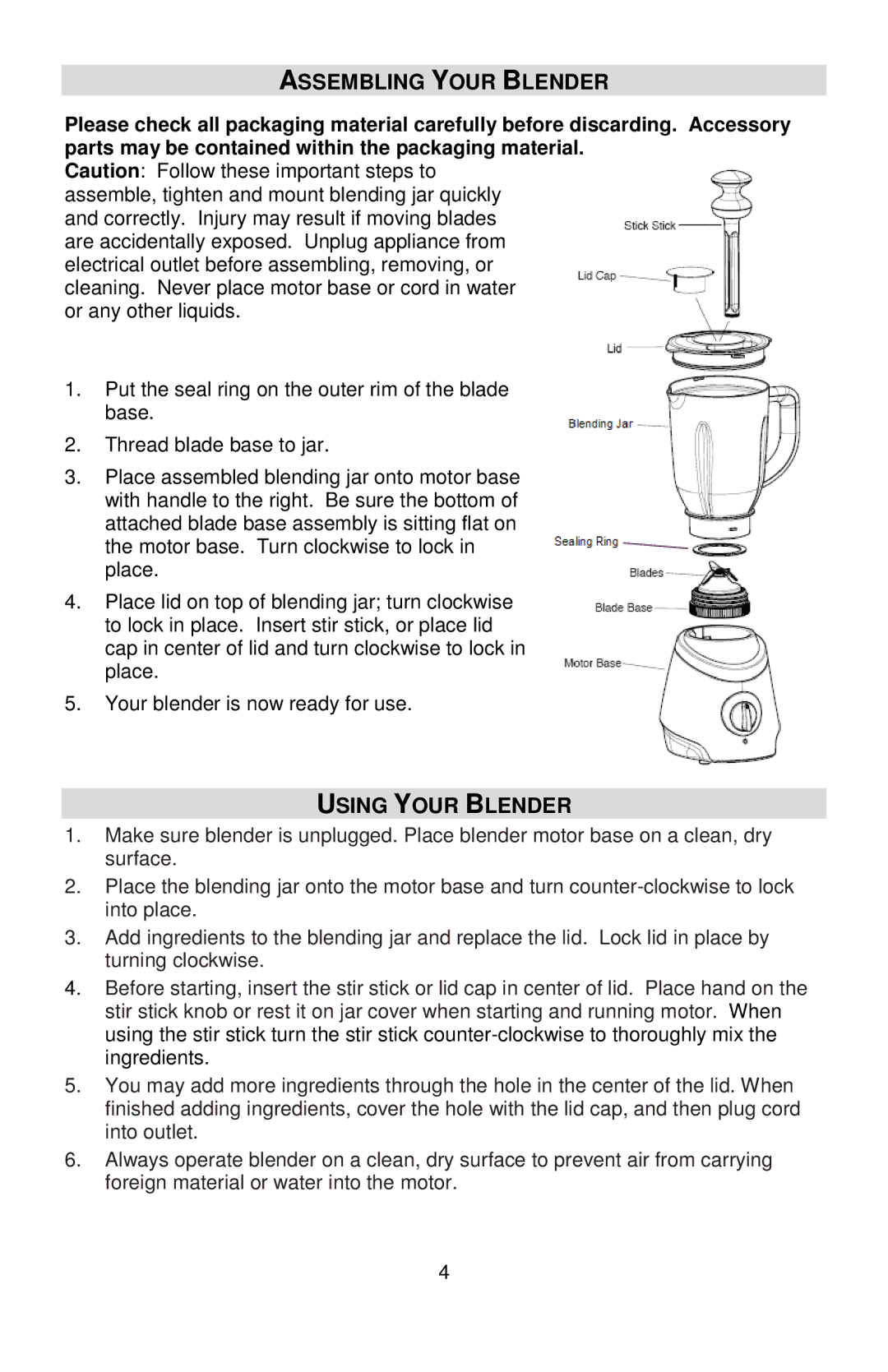 West Bend MCD 289 instruction manual Assembling Your Blender, Using Your Blender 