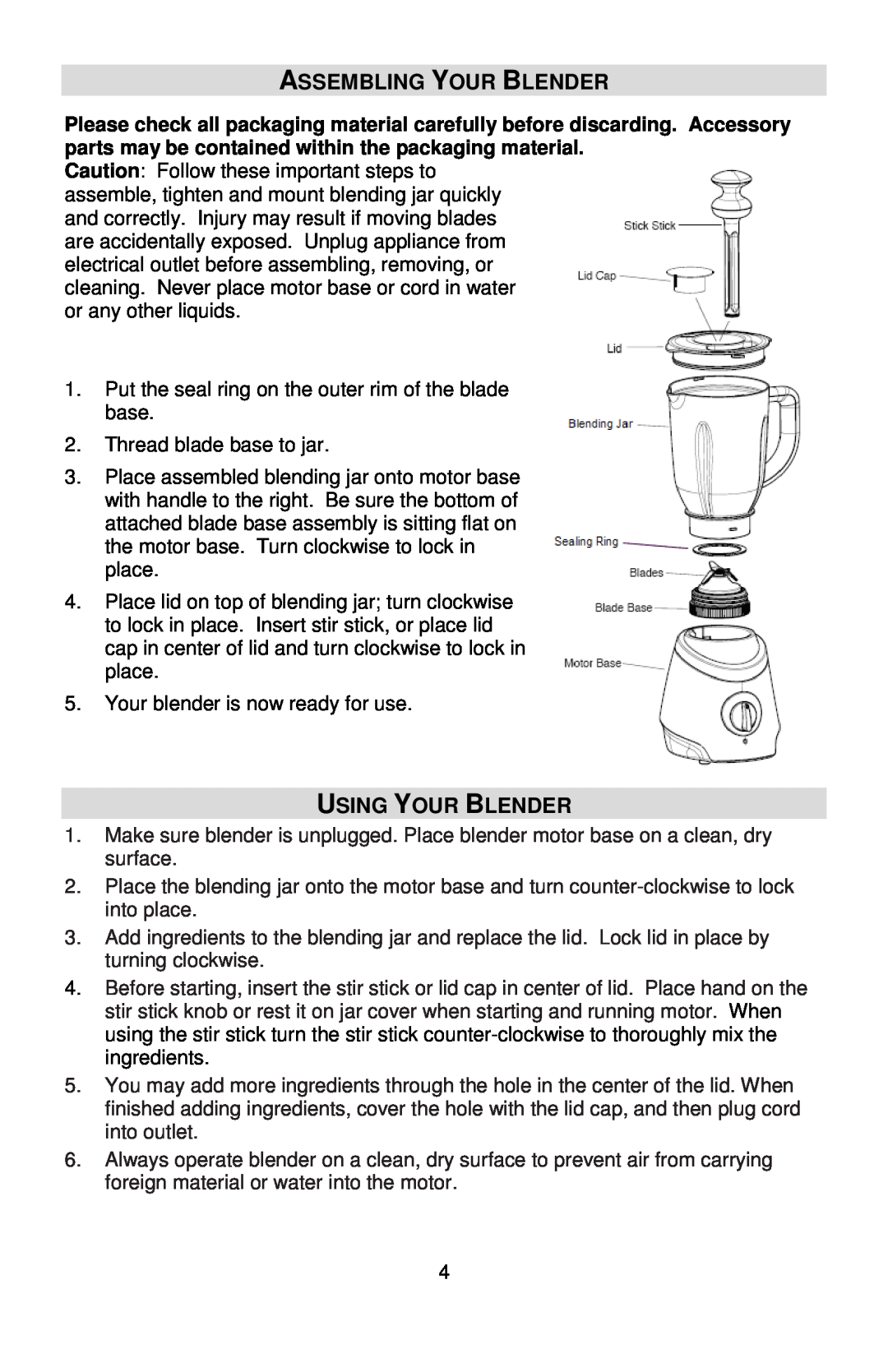 West Bend MCD 289 instruction manual Assembling Your Blender, Using Your Blender 