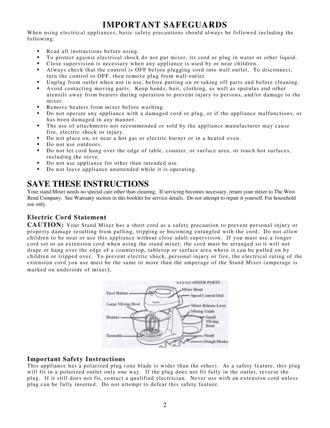 West Bend Mixer instruction manual Electric Cord Statement, Important Safety Instructions 